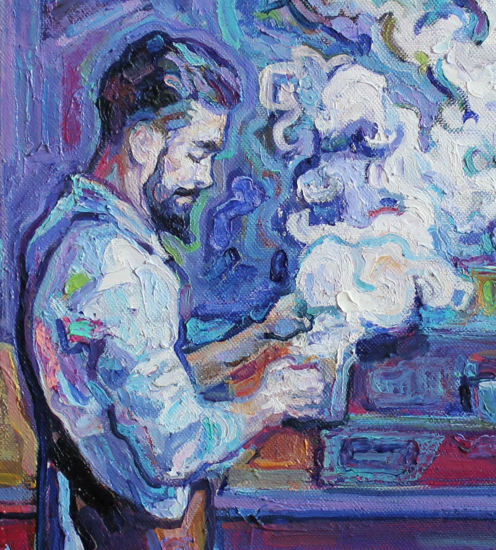 Barista (Barista)  - Peinture à l'huile - Bleu, bleu, blanc, violet, vert, brun, gris - Painting de Elena Georgieva