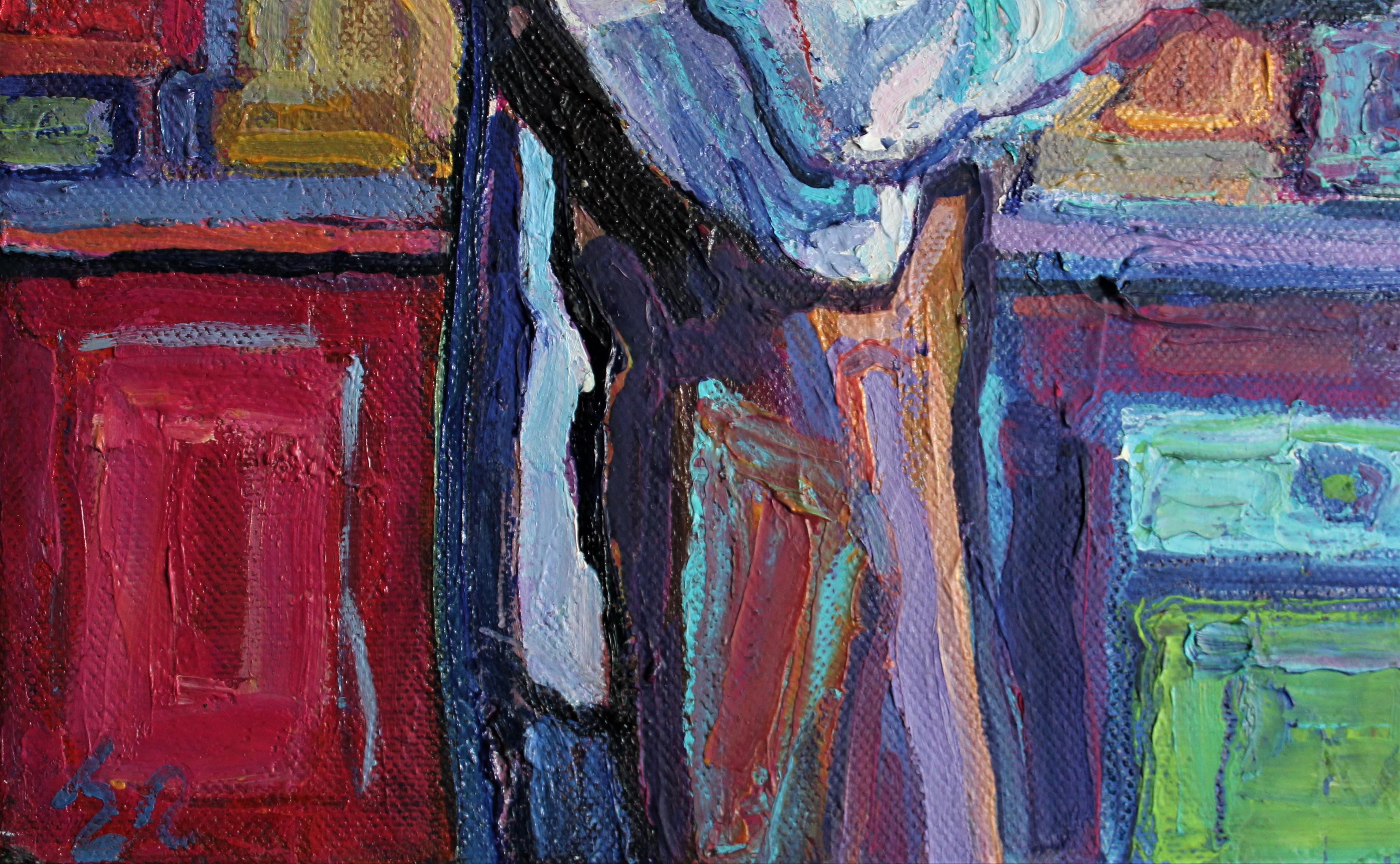 Barista (Barista)  - Peinture à l'huile - Bleu, bleu, blanc, violet, vert, brun, gris - Impressionnisme Painting par Elena Georgieva