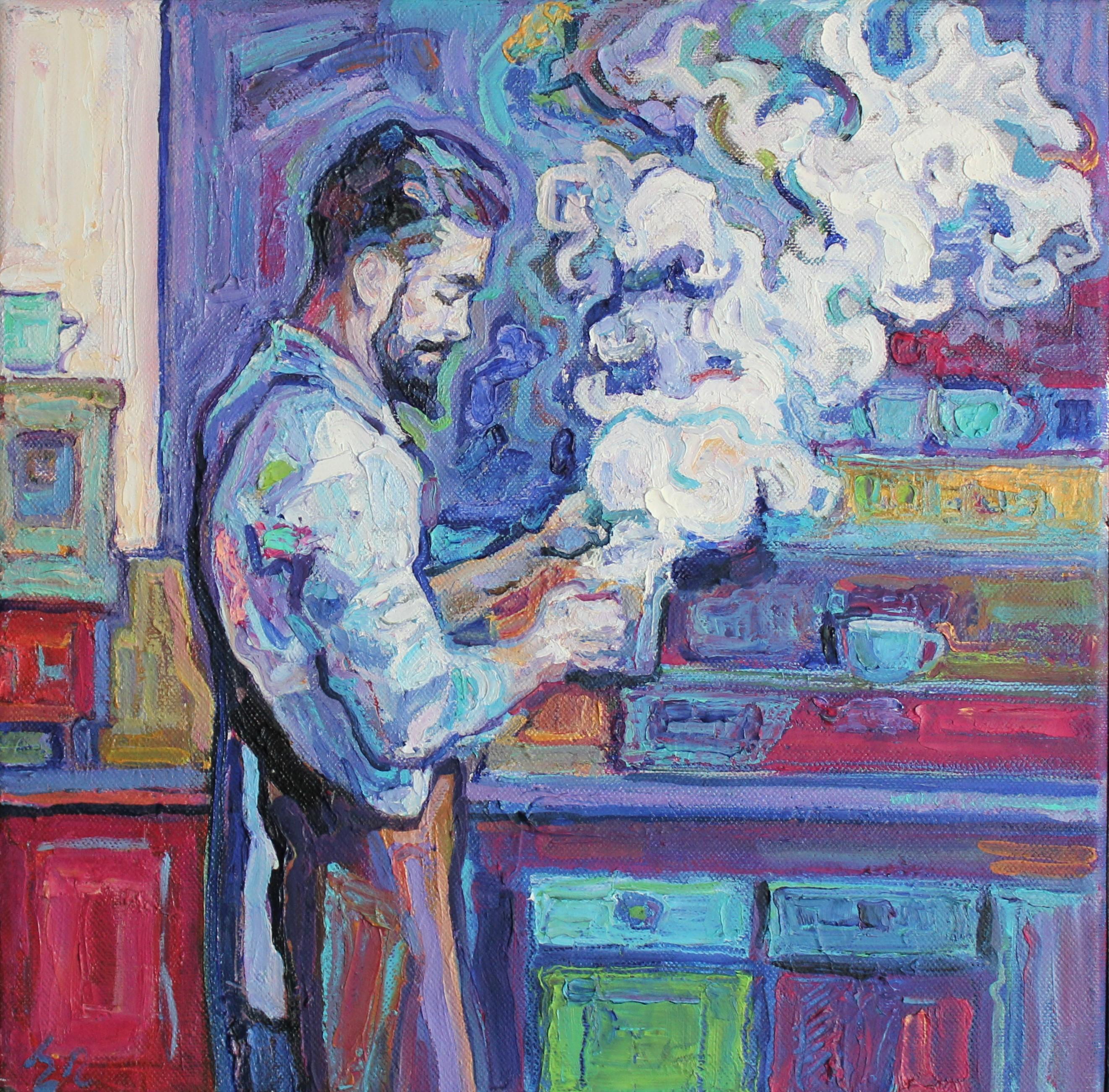 Figurative Painting Elena Georgieva - Barista (Barista)  - Peinture à l'huile - Bleu, bleu, blanc, violet, vert, brun, gris