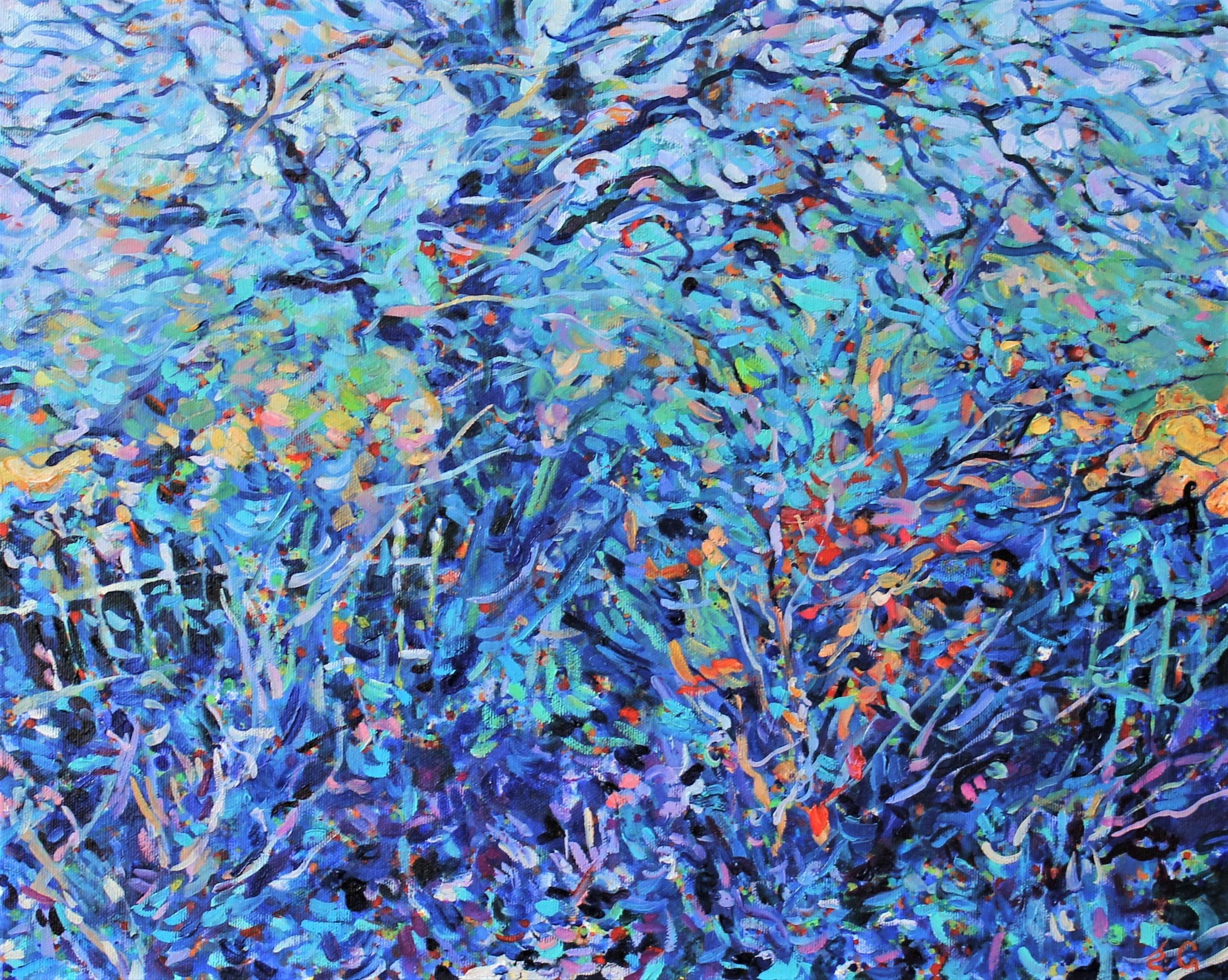 Elena Georgieva Abstract Painting - Blue November - Abstract Oil Painting Blue Yellow White Green 
