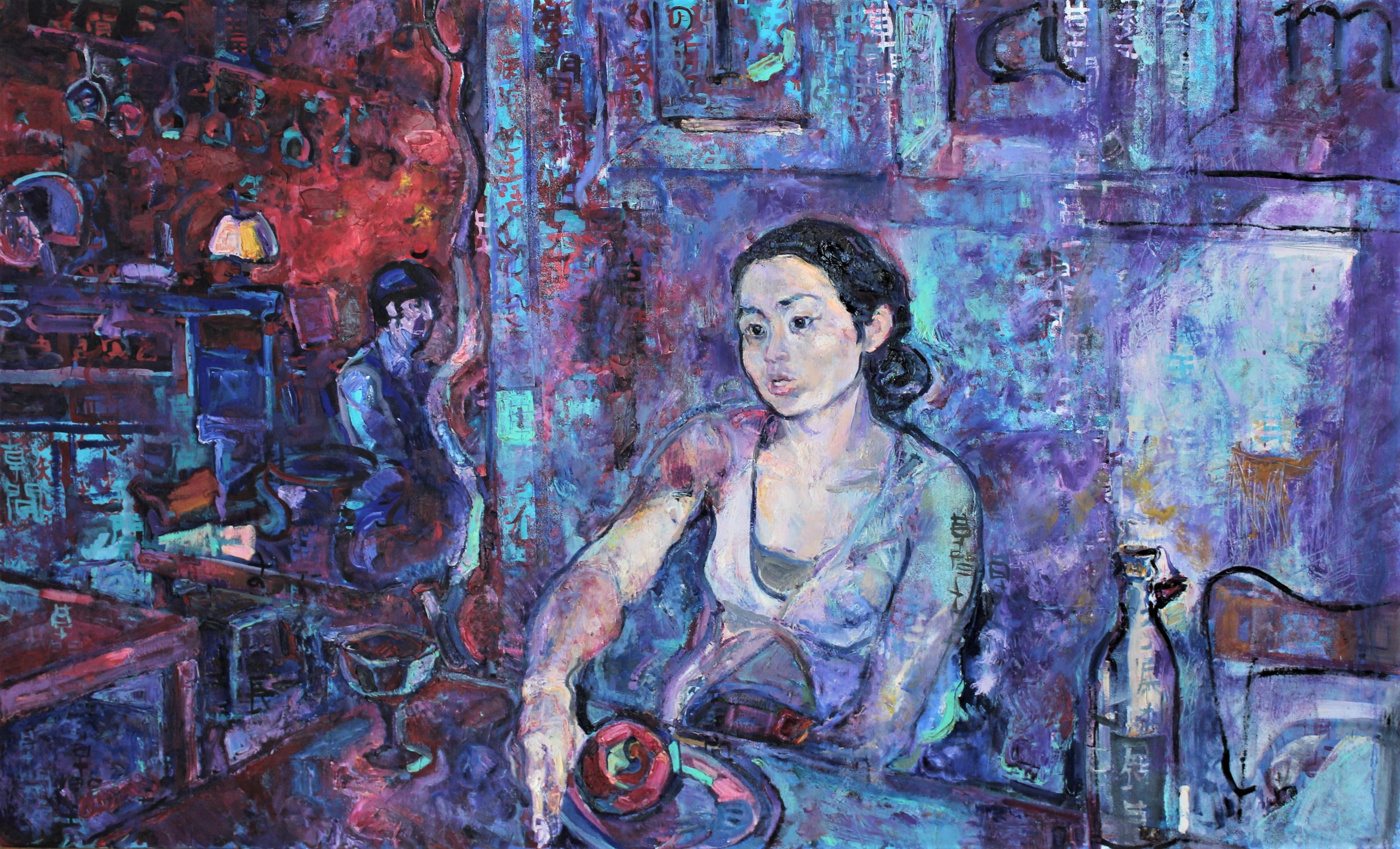 E in Red Caffe - Ölgemälde in Rot, Blau, Gelb, Weiß und Grün  – Painting von Elena Georgieva