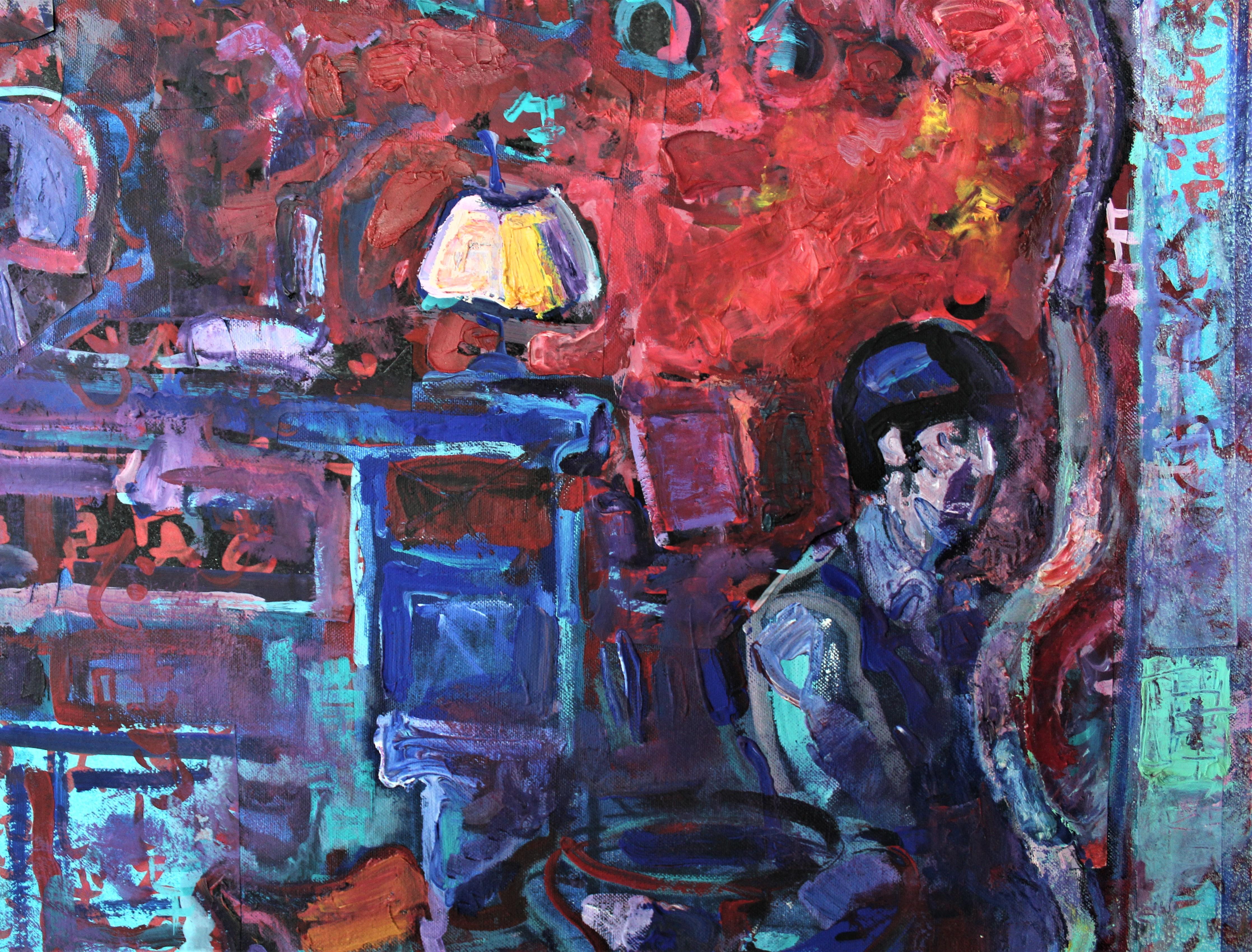 E in Red Caffe - Ölgemälde in Rot, Blau, Gelb, Weiß und Grün  (Violett), Interior Painting, von Elena Georgieva
