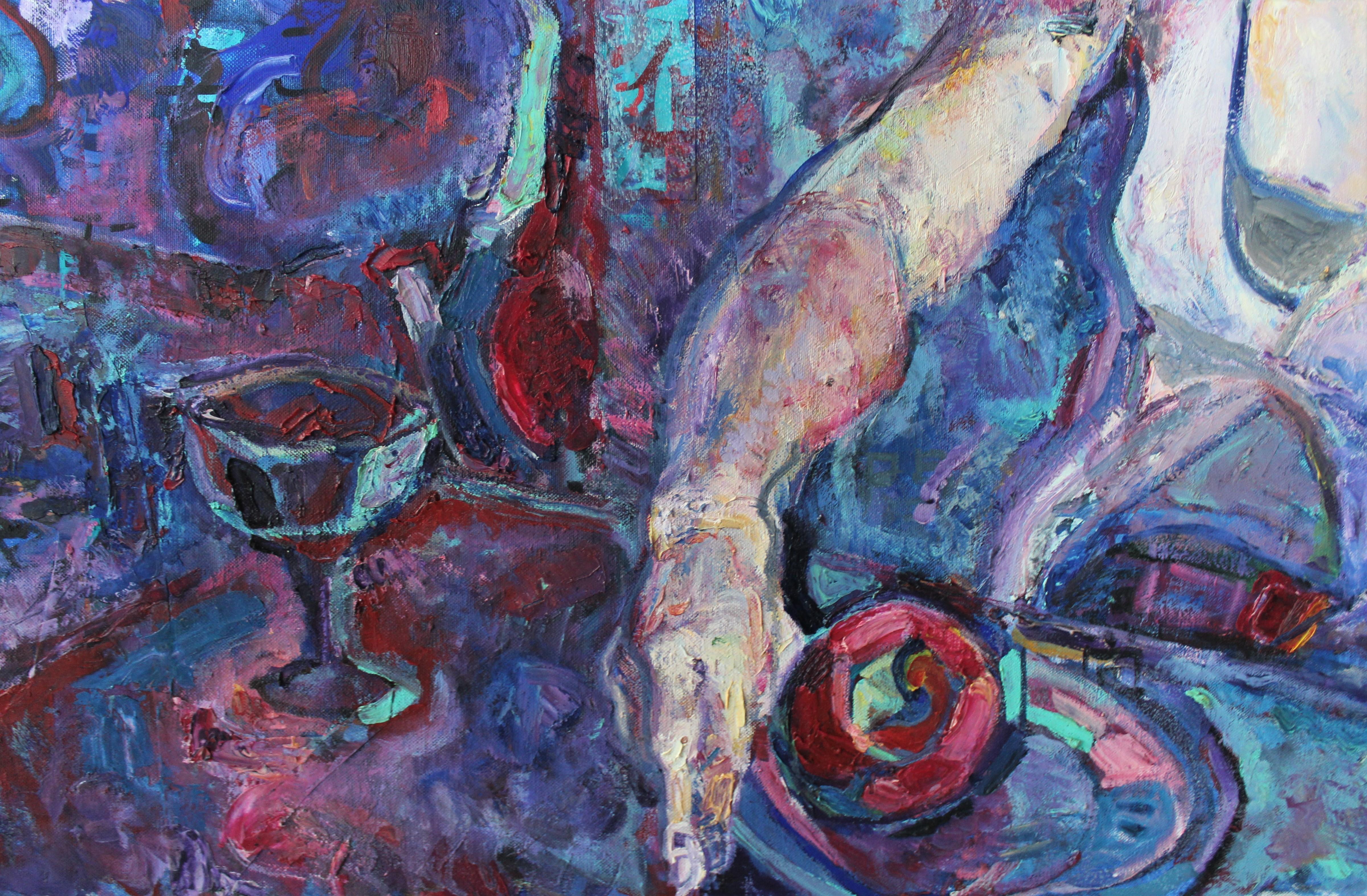 E in Red Caffe - Oil Painting Red Blue Yellow White Green  - Purple Interior Painting by Elena Georgieva