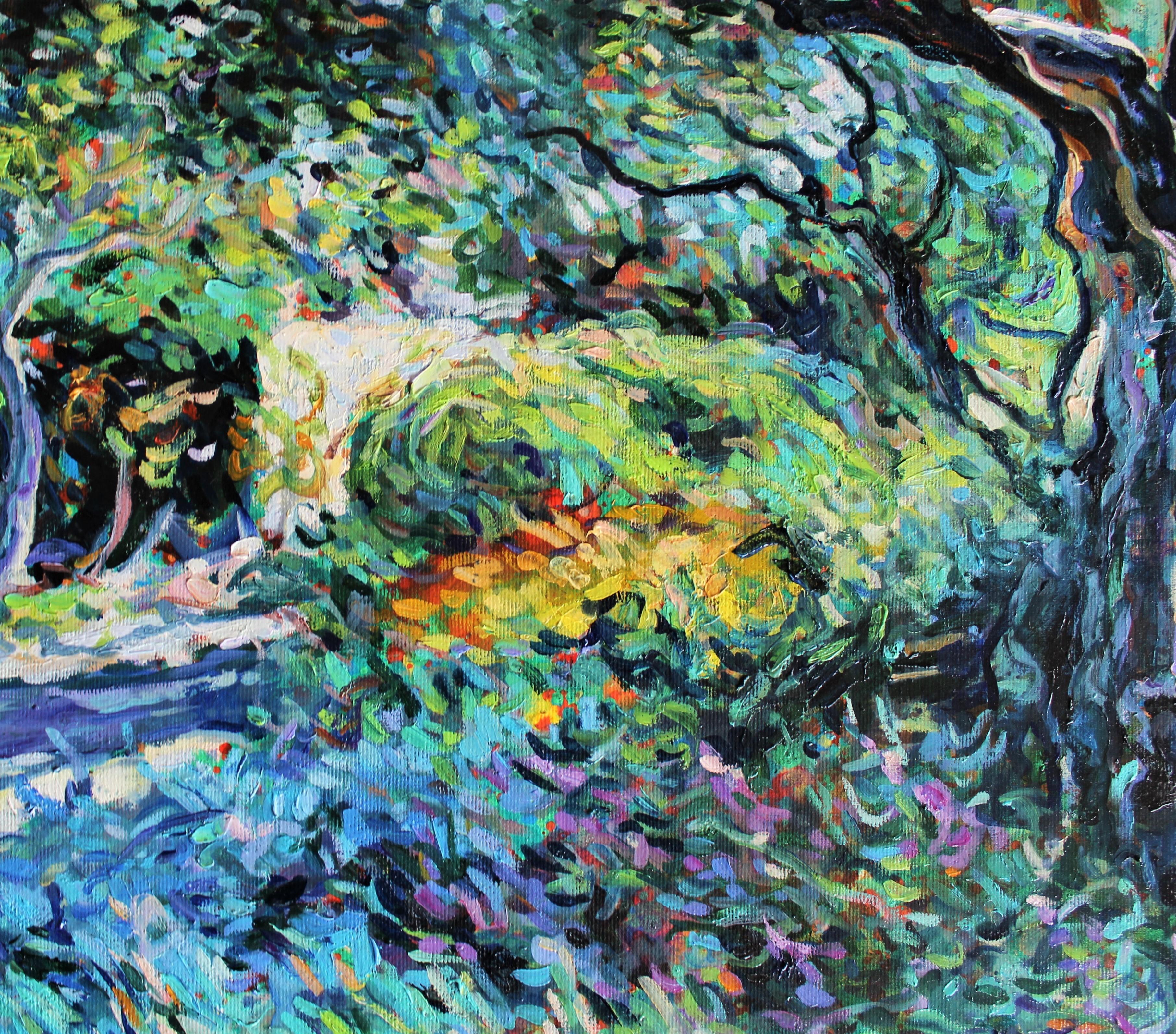 Jardin - Peinture de paysage jaune, bleu, blanc, violet, vert, brun et gris - Gris Landscape Painting par Elena Georgieva