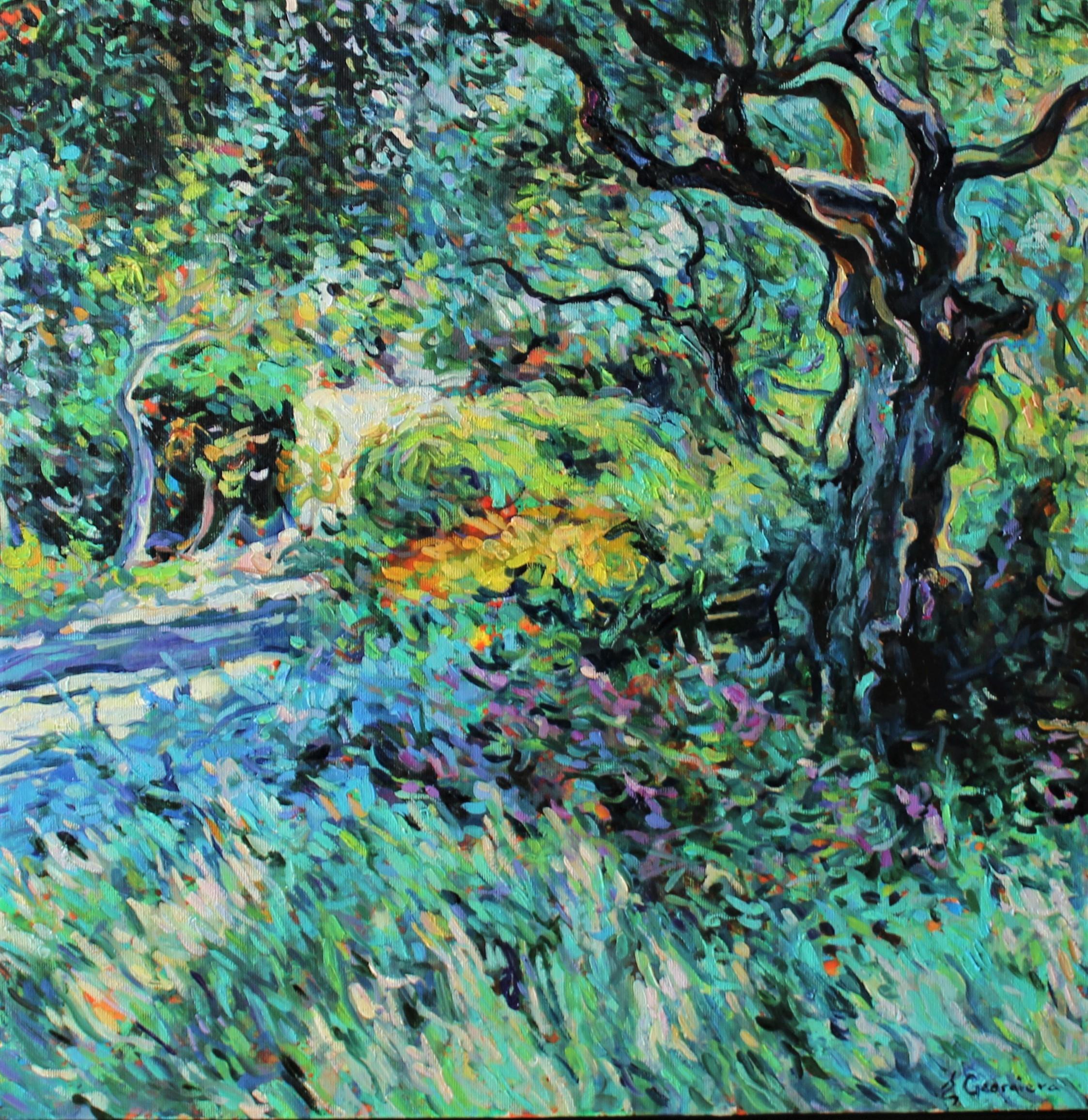 Landscape Painting Elena Georgieva - Jardin - Peinture de paysage jaune, bleu, blanc, violet, vert, brun et gris