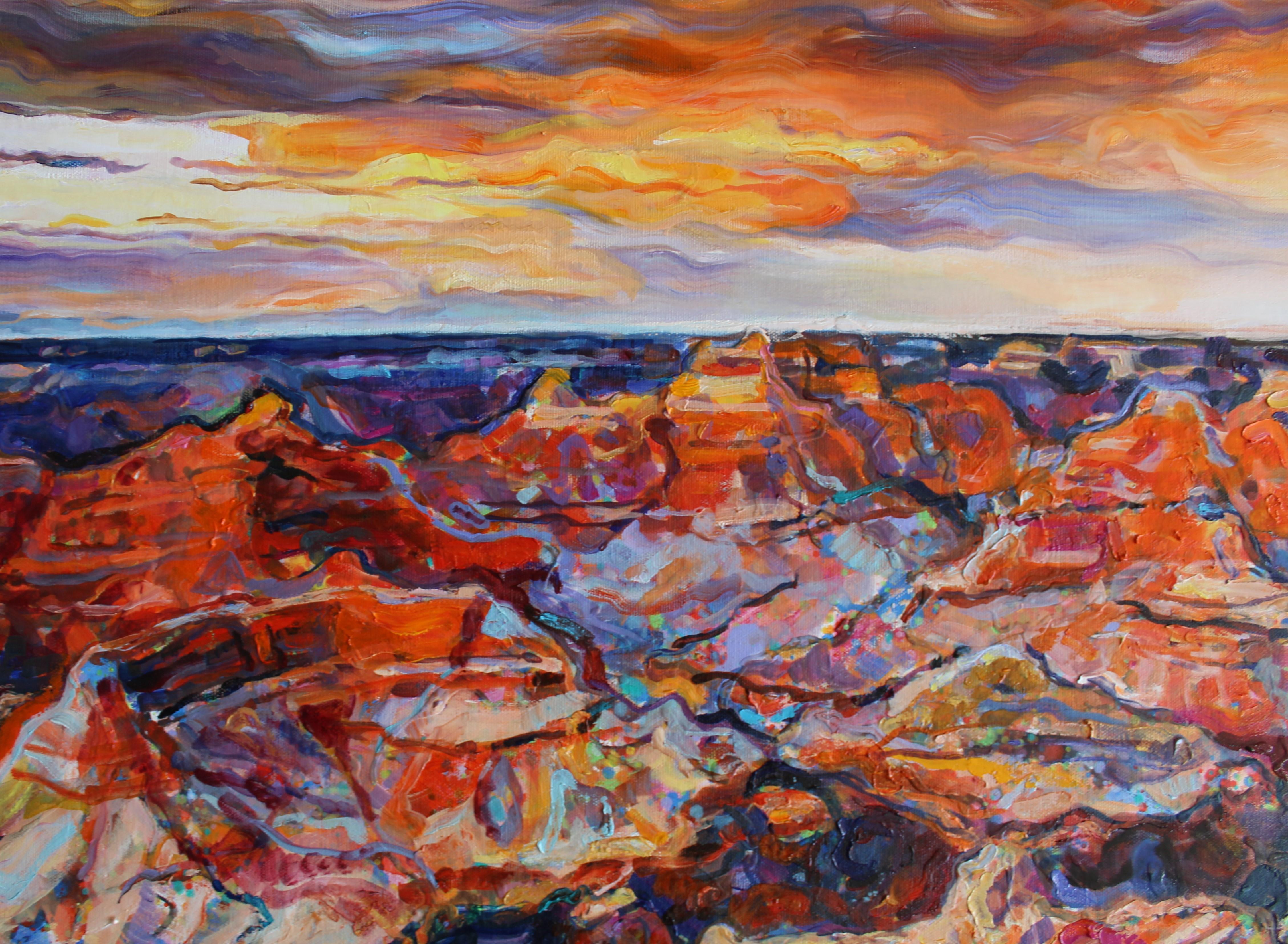 Grand Canyon - Paesaggio dipinto a olio Rosso Blu Giallo Bianco Arancione - Painting di Elena Georgieva