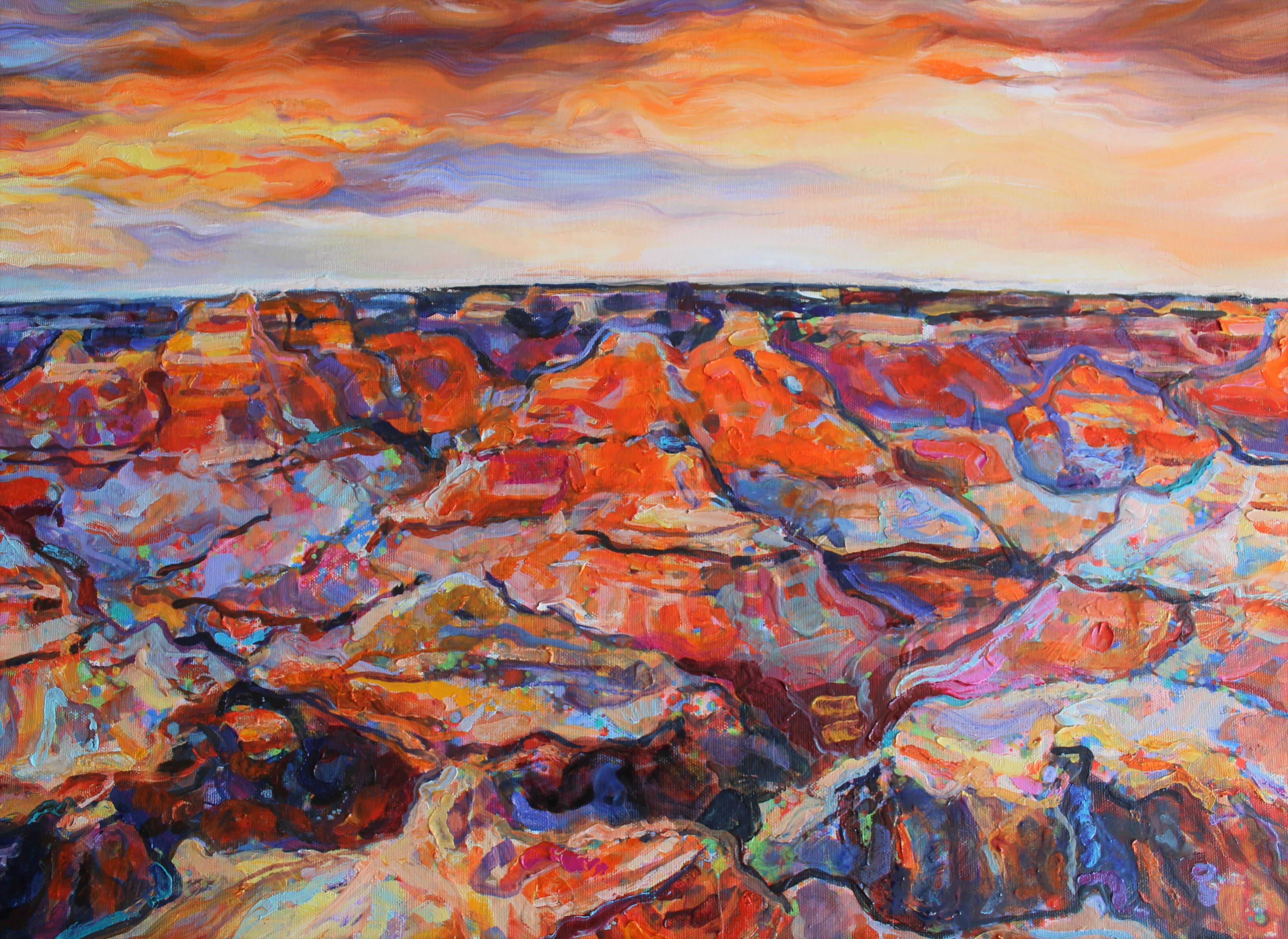 Grand Canyon - Paesaggio dipinto a olio Rosso Blu Giallo Bianco Arancione - Landscape Painting Marrone di Elena Georgieva