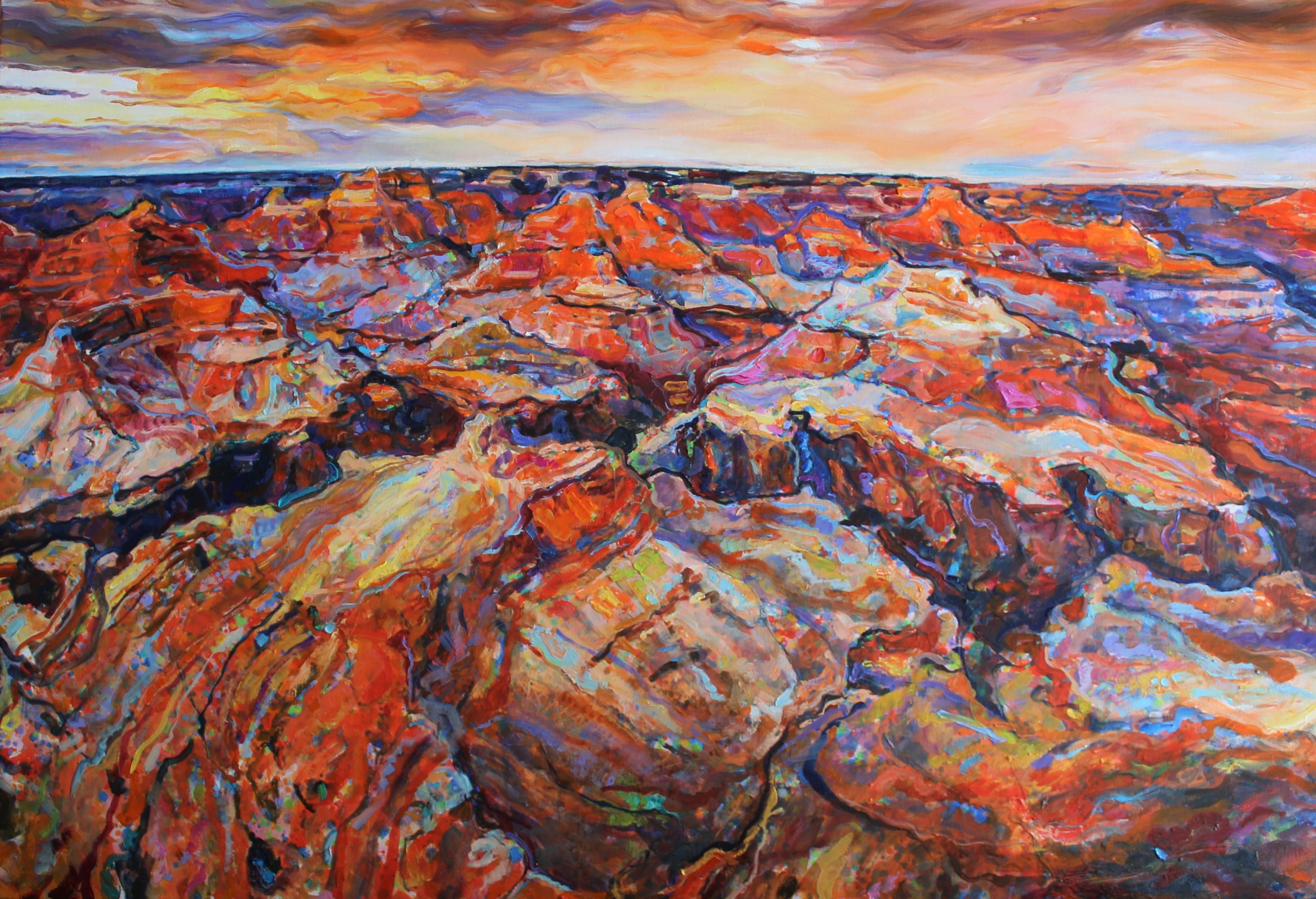 Landscape Painting di Elena Georgieva - Grand Canyon - Paesaggio dipinto a olio Rosso Blu Giallo Bianco Arancione