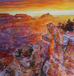 Grand Canyon-Sonnenuntergang – Landschaft, Ölgemälde in Rot, Blau, Gelb, Weiß und Orange