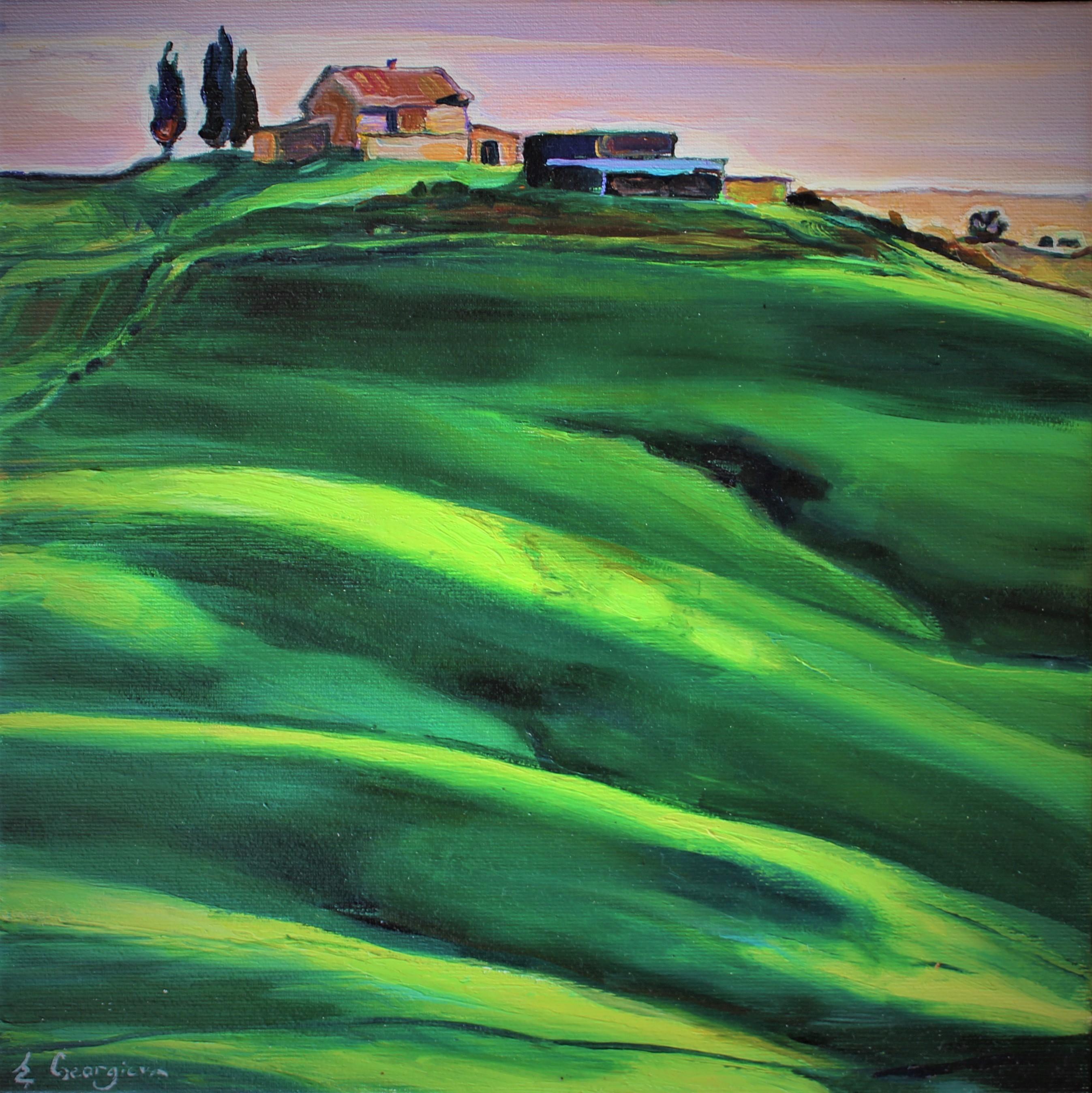 Elena Georgieva Landscape Painting - Green Tuscany - Landscape Oil Painting Red Blue Yellow White Green Brown