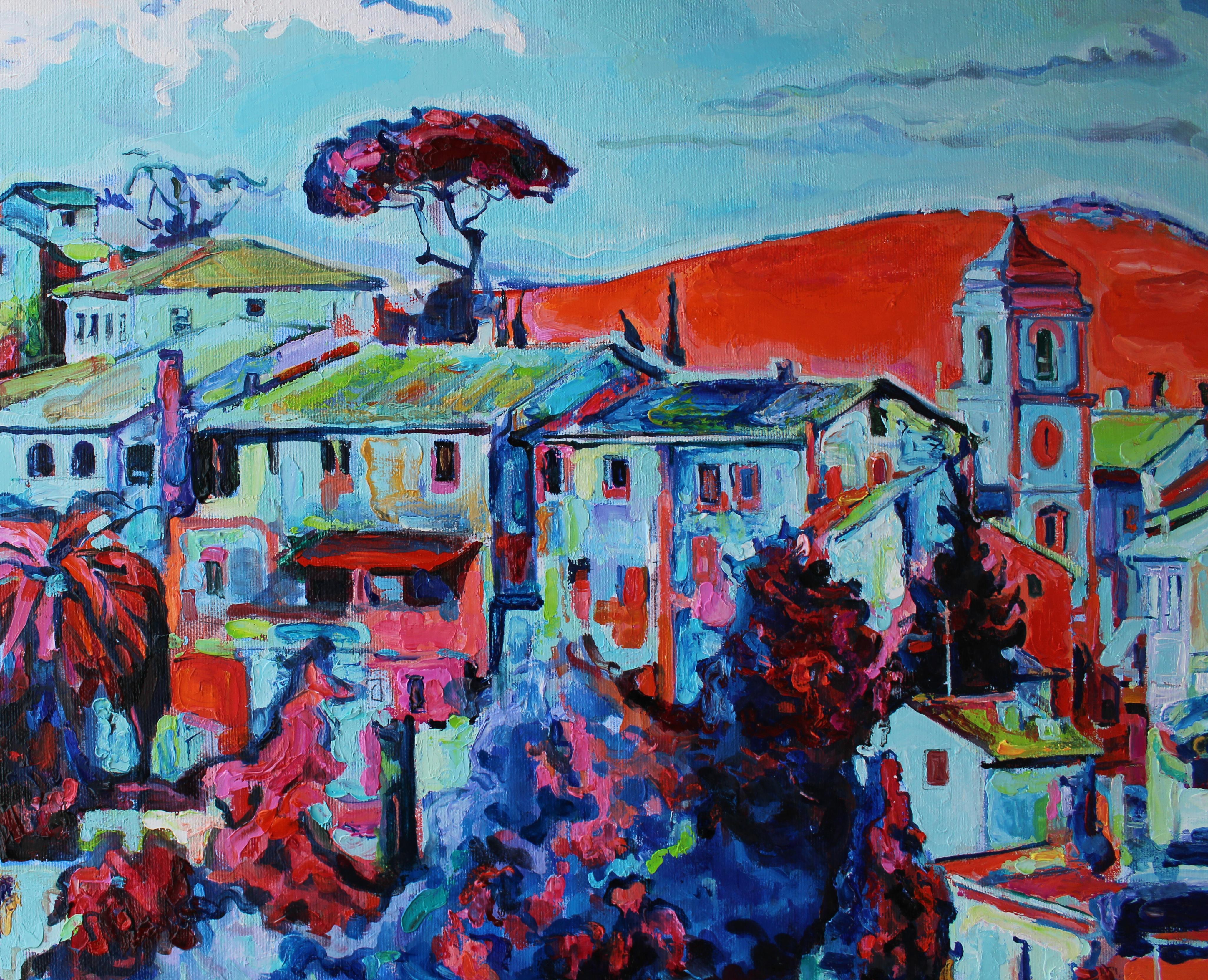 Italie Bleu - Peinture à l'huile - Paysage rouge, bleu, jaune, blanc et vert  - Painting de Elena Georgieva