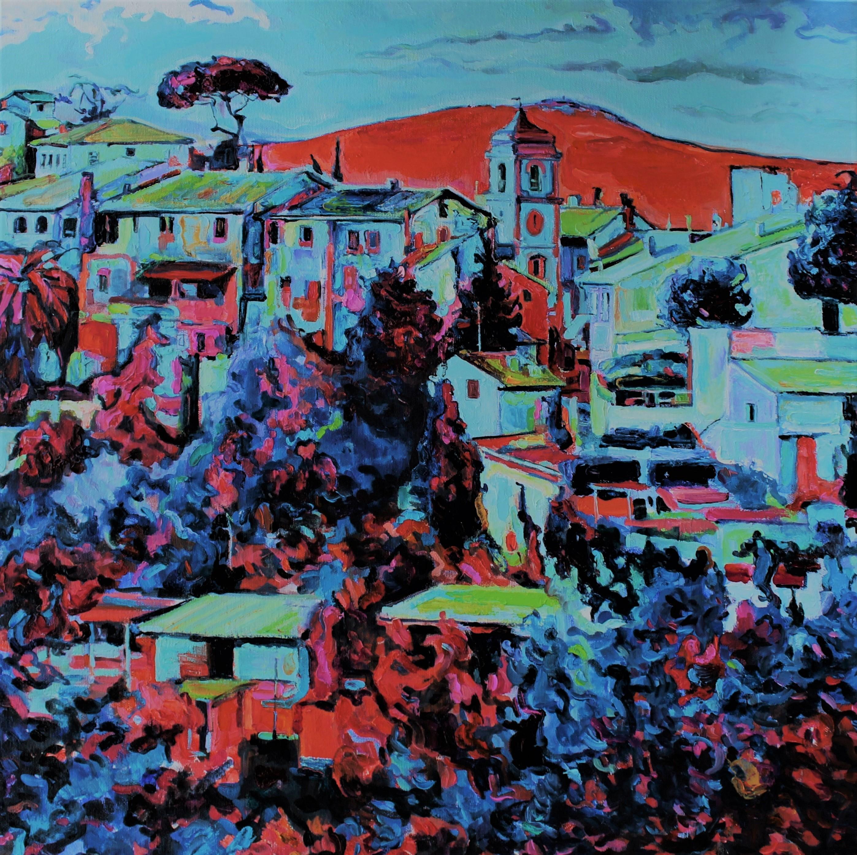 Landscape Painting Elena Georgieva - Italie Bleu - Peinture à l'huile - Paysage rouge, bleu, jaune, blanc et vert 