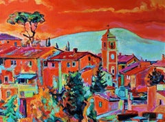 Italia Rosso - Paesaggio dipinto ad olio Rosso Blu Giallo Bianco Verde