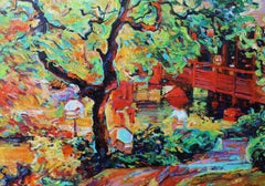 Japanese Garden - Landscape Oil Painting Blue Yellow White Green