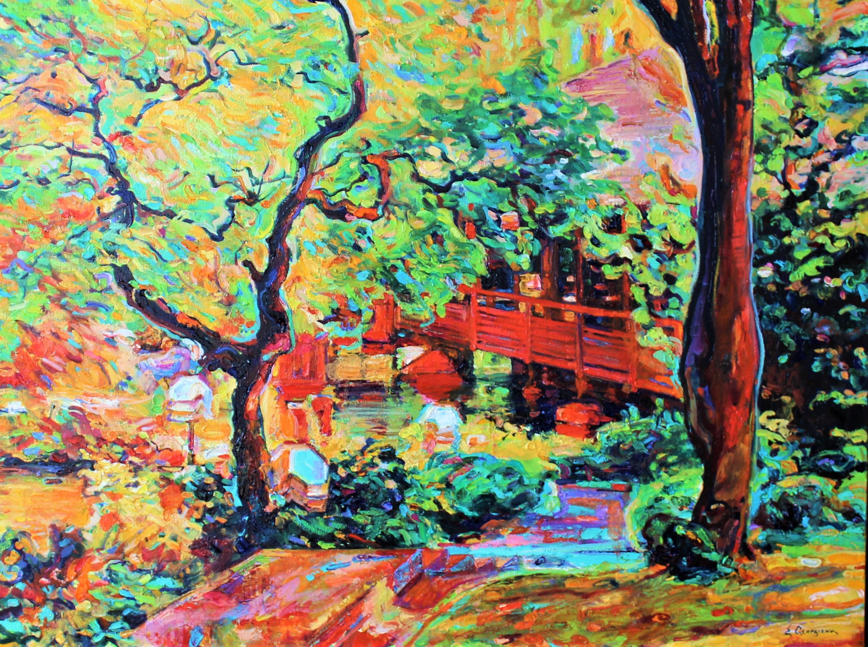 Elena Georgieva Landscape Painting - Japanese Garden - Landscape Oil Painting Blue Yellow White Green 