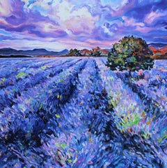 Lavender Field - Landscape Oil Painting Red Blue Yellow White Green 