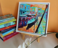 Murano - Paysage peinture à l'huile jaune orange bleu blanc vert marron gris rouge