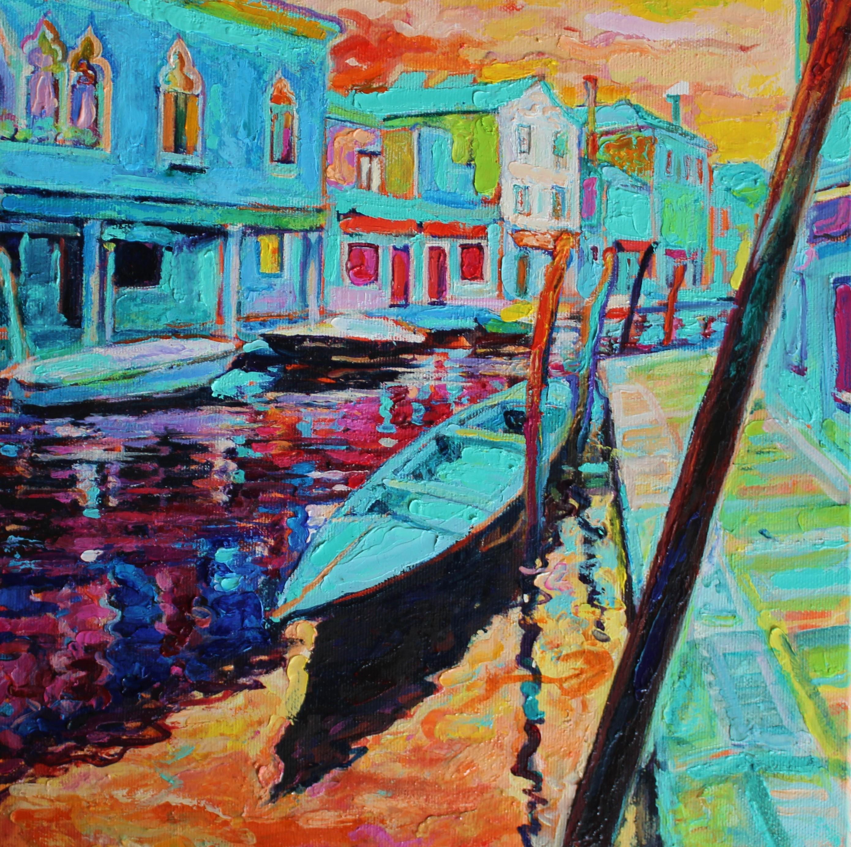 Elena Georgieva Landscape Painting – Murano - Landschaft Ölgemälde Gelb Orange Blau Weiß Grün Braun Grau Rot