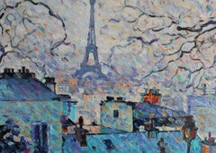 Paris  - Landscape Painting Oil Yellow Blue White Purple Green Brown Grey