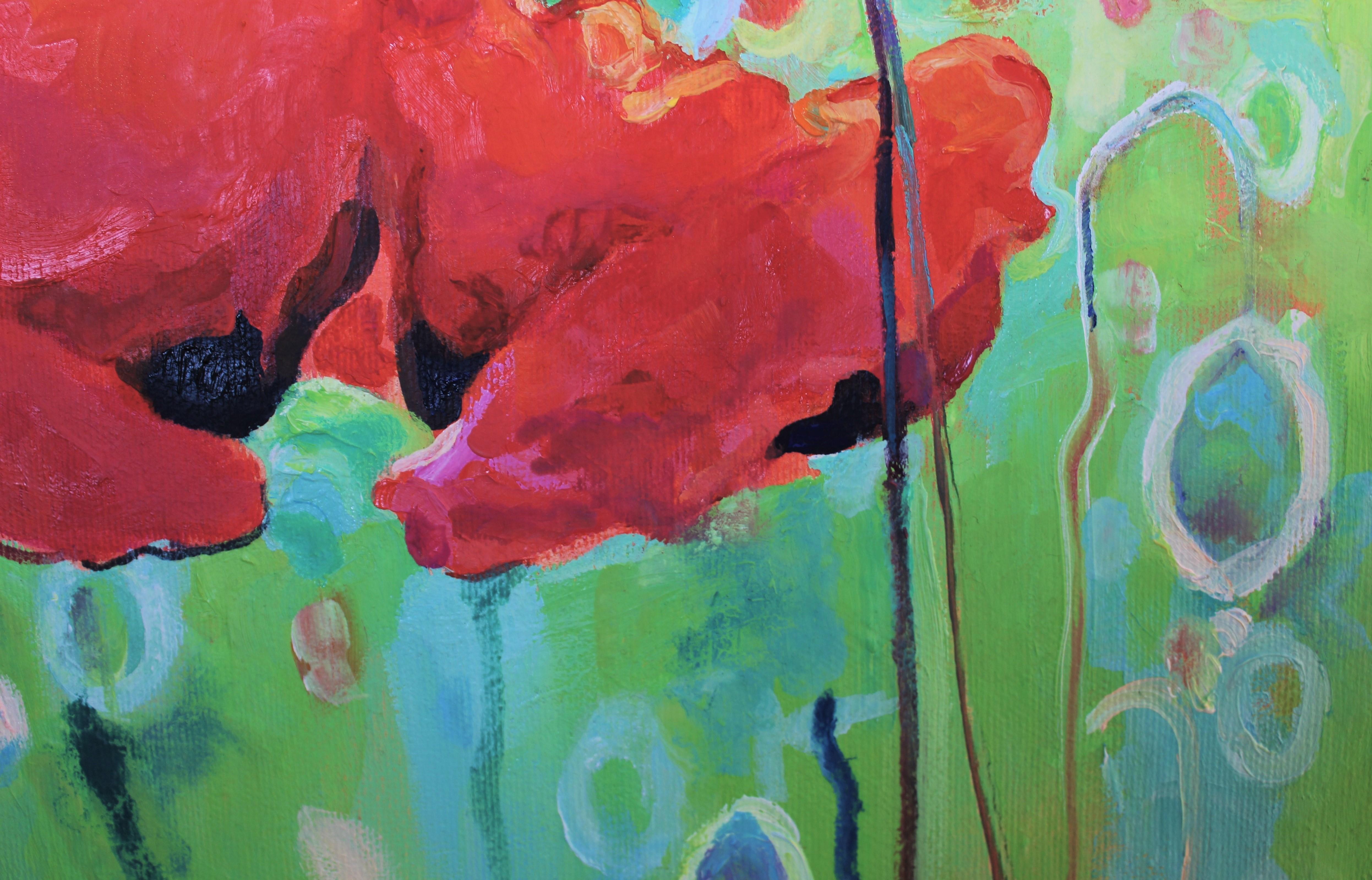Amapolas - Pintura al óleo Rojo Azul Amarillo Blanco Verde - Painting de Elena Georgieva