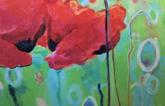 Papaveri - Pittura a olio Rosso Blu Giallo Bianco Verde