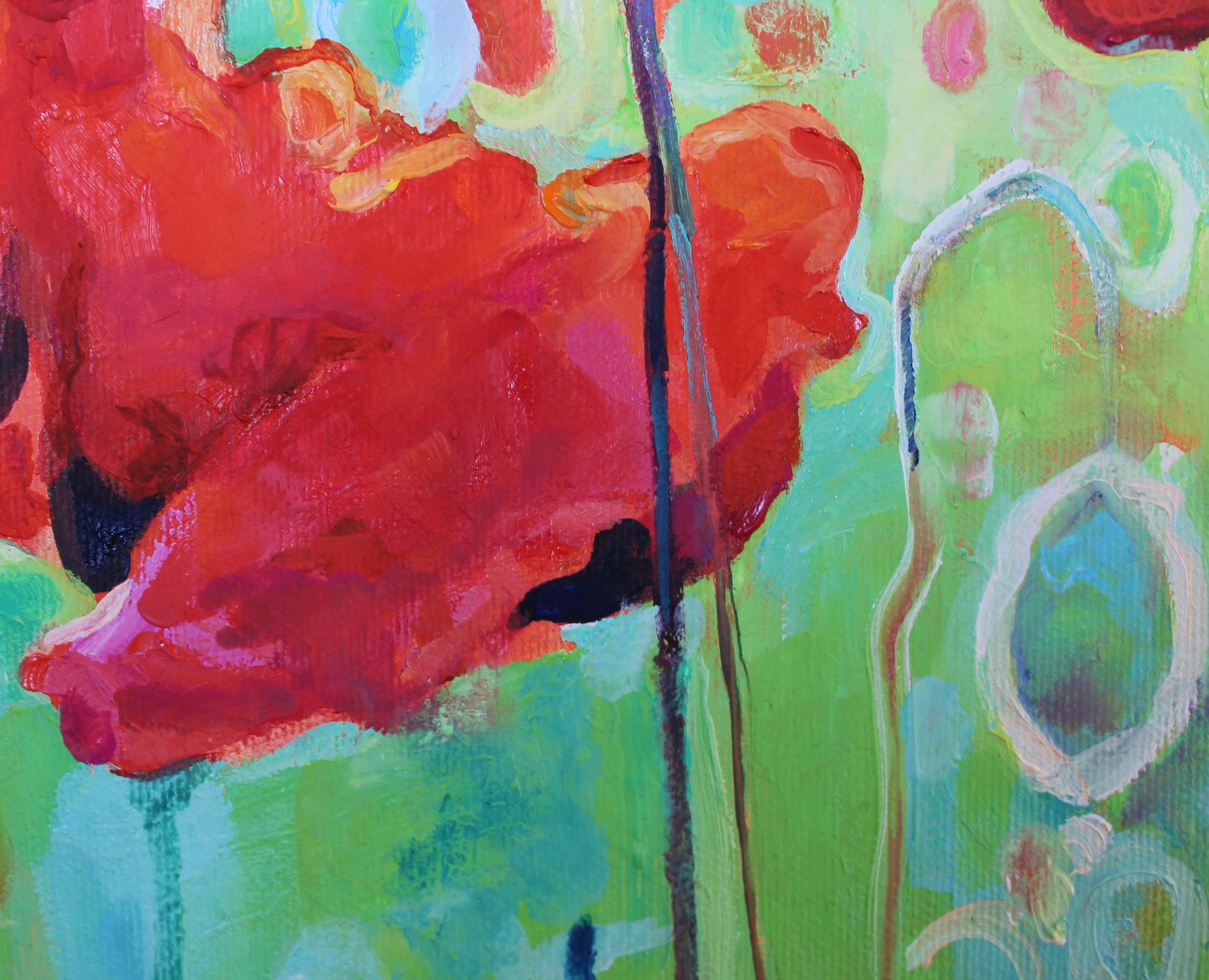 Amapolas - Pintura al óleo Rojo Azul Amarillo Blanco Verde - Still-Life Painting Naranja de Elena Georgieva