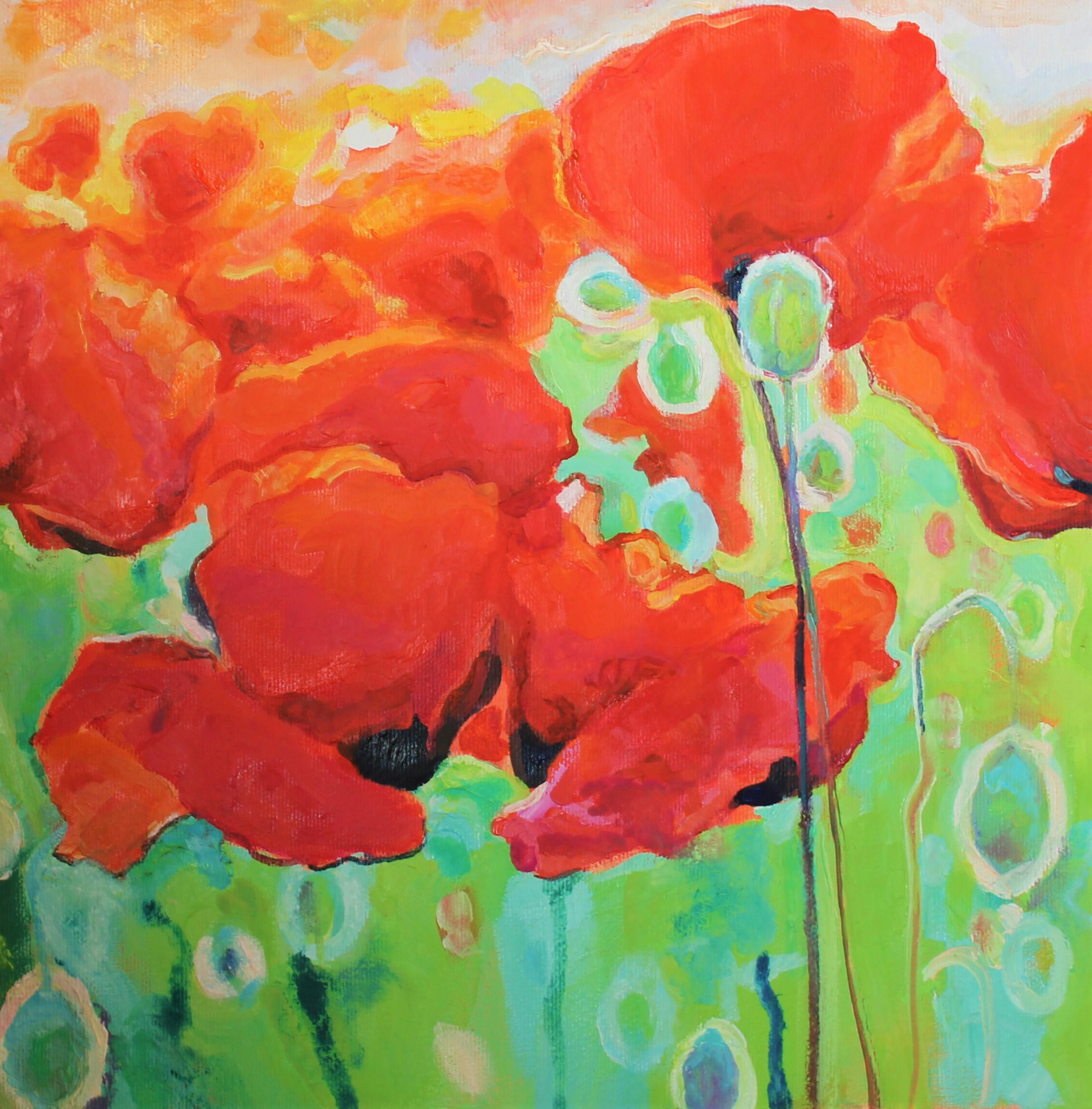 Elena Georgieva Still-Life Painting - Poppies - Oil Painting Red Blue Yellow White Green 