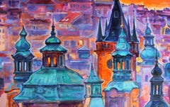 Praga - Paesaggio dipinto a olio Giallo Arancione Blu Bianco Verde Marrone Grigio