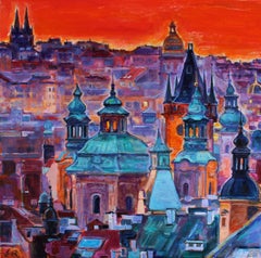 Praga - Paysage Peinture à l'huile Jaune Orange Bleu Blanc Vert Brown Gris