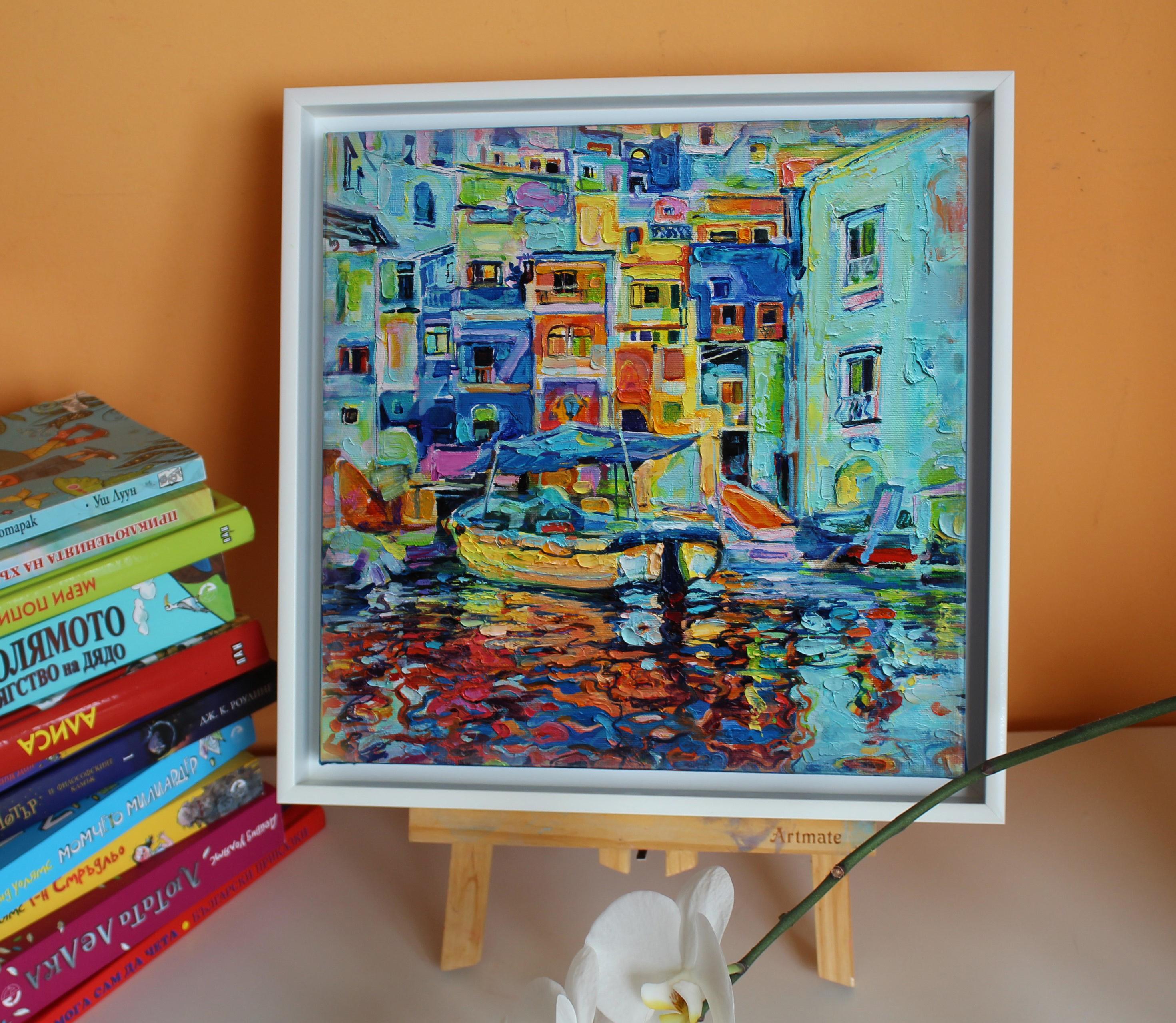 Procida Italia - Paisaje Pintura al óleo Amarillo Naranja Azul Blanco Verde Marrón Gris - Painting de Elena Georgieva