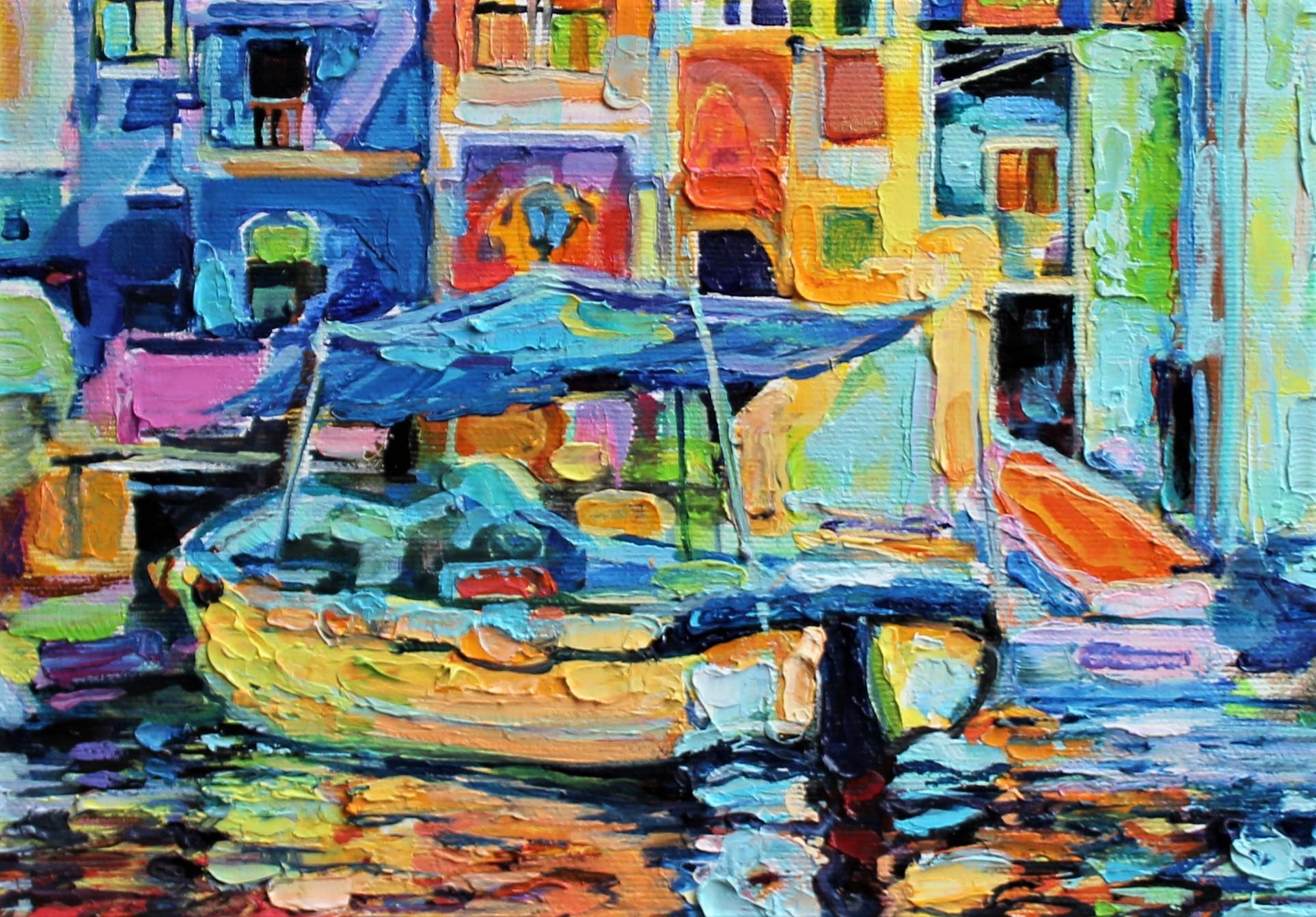 Procida Italy - Landscape Oil Painting Yellow Orange Blue White Green Brown Grey For Sale 3