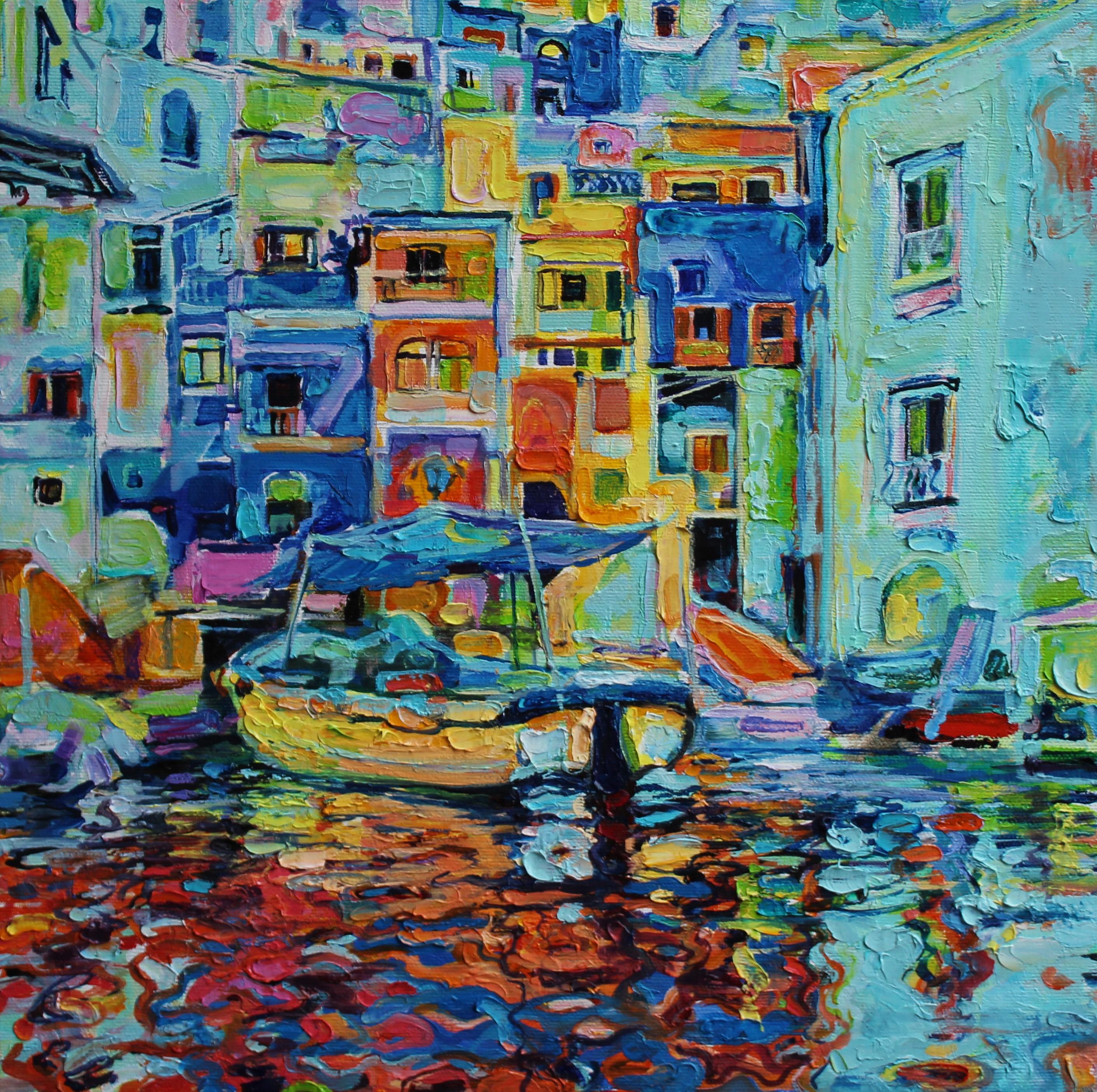 Landscape Painting Elena Georgieva - Procida Italie - Paysage peinture à l'huile jaune orange bleu blanc vert brun gris