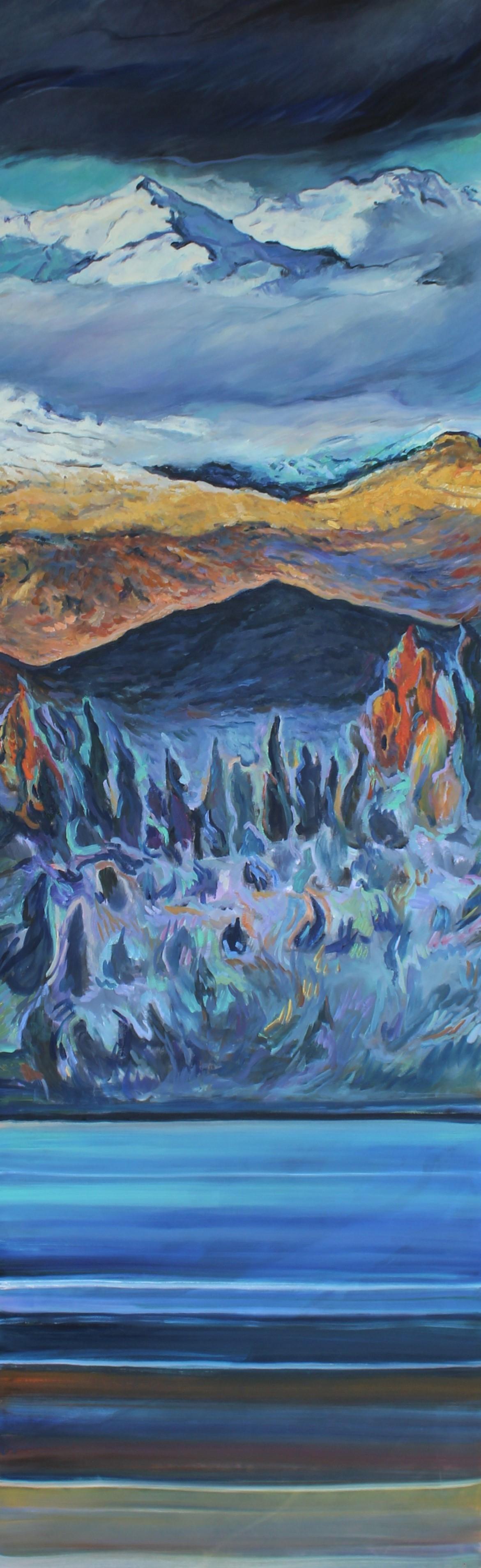 Purgatorio Paradiso Inferno - Trittico Pittura Giallo Arancione Blu Bianco Verde - Painting di Elena Georgieva
