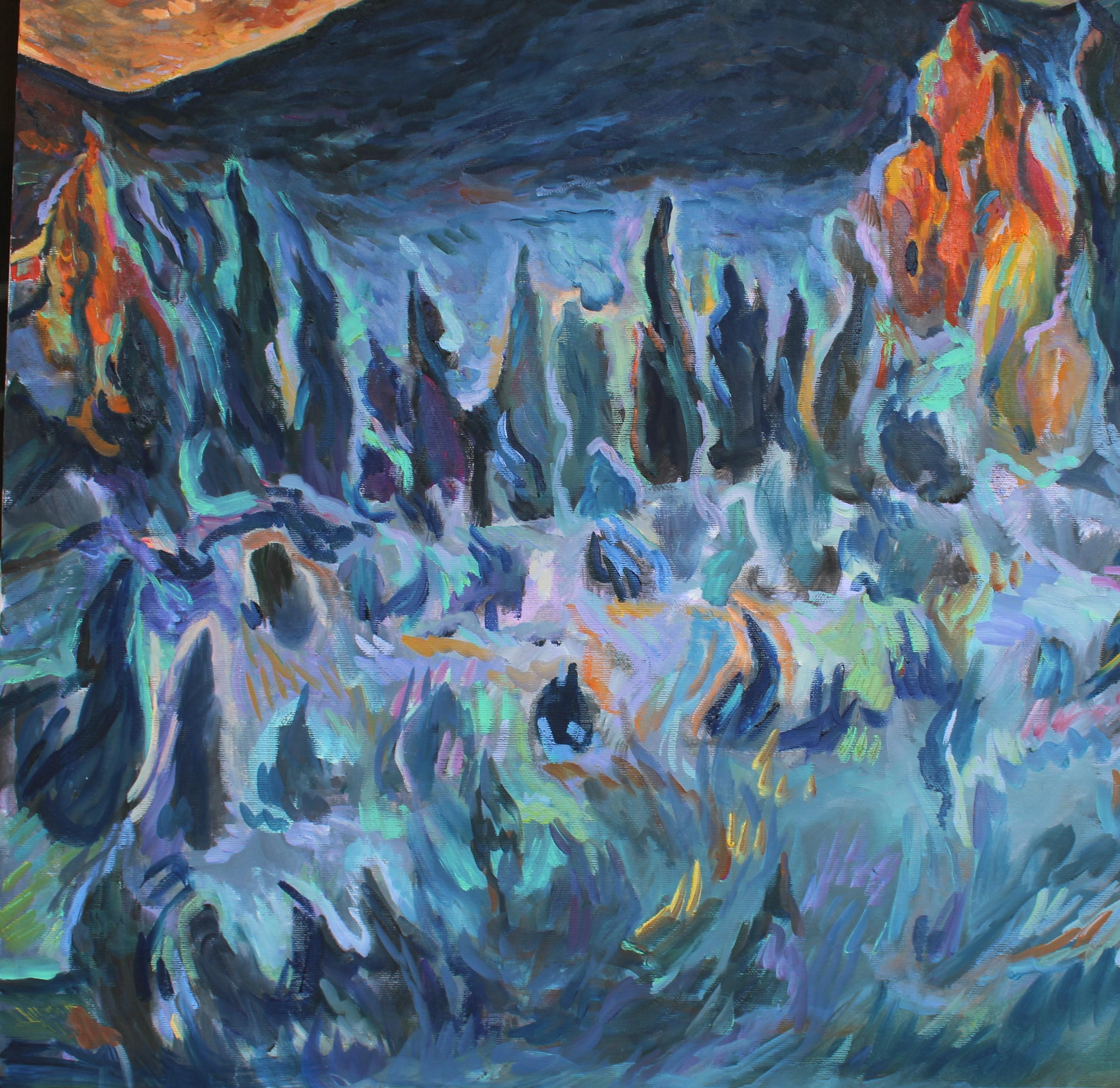Purgatorio Paradiso Inferno - Trittico Pittura Giallo Arancione Blu Bianco Verde - Painting Impressionismo di Elena Georgieva