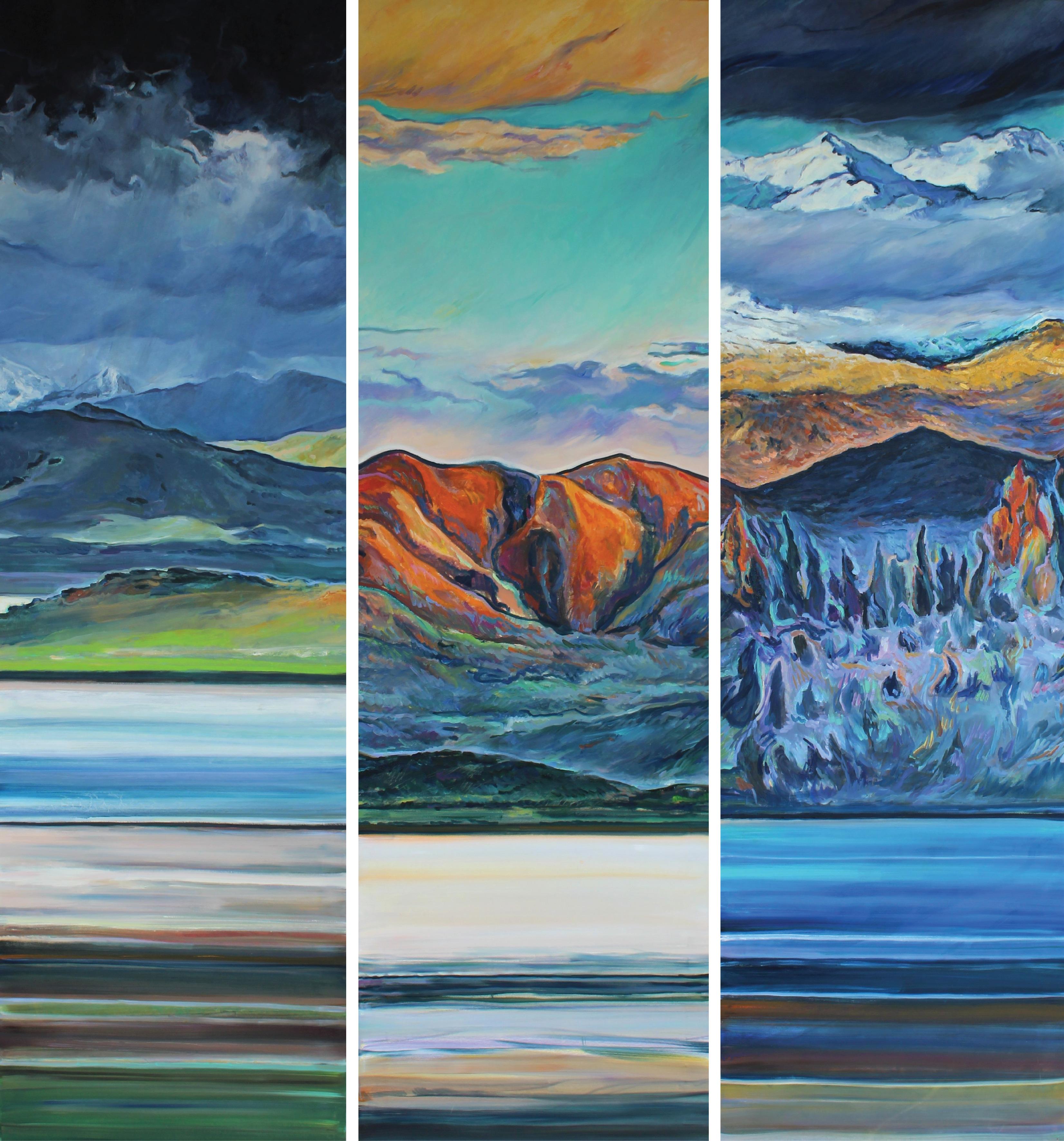 Landscape Painting di Elena Georgieva - Purgatorio Paradiso Inferno - Trittico Pittura Giallo Arancione Blu Bianco Verde