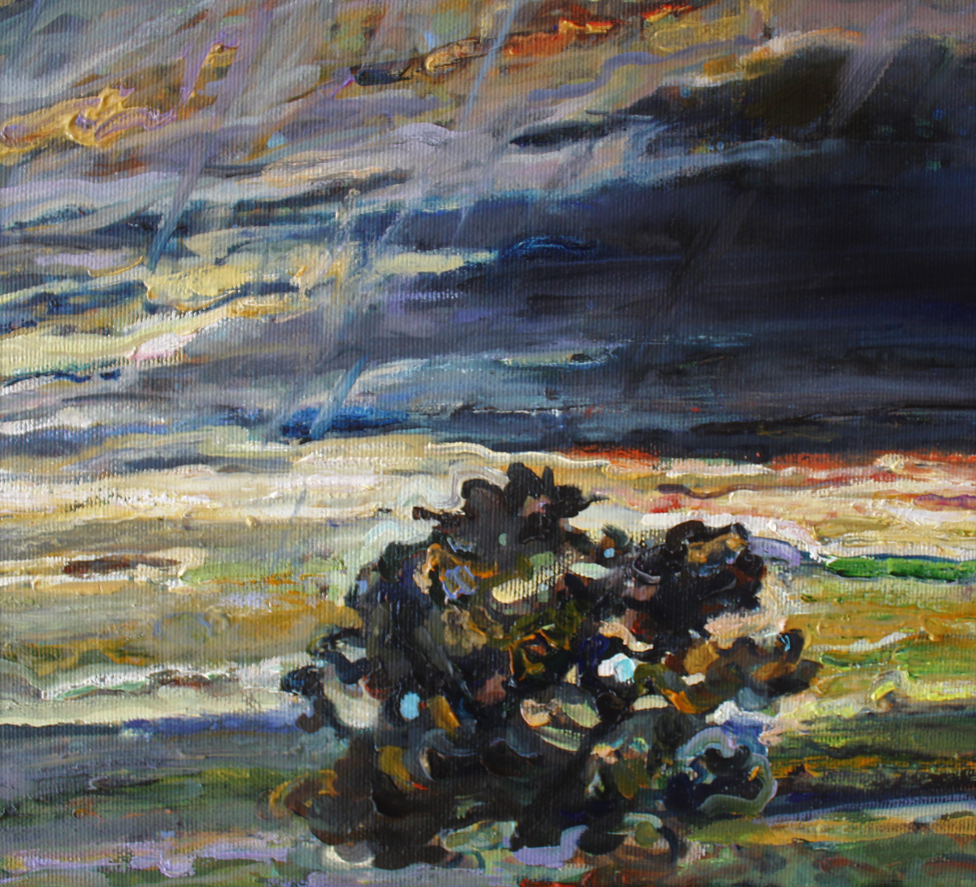 Peinture à l'huile sur toile Paysage Rain II, vert, bleu, jaune, brun, jaune et violet - Painting de Elena Georgieva