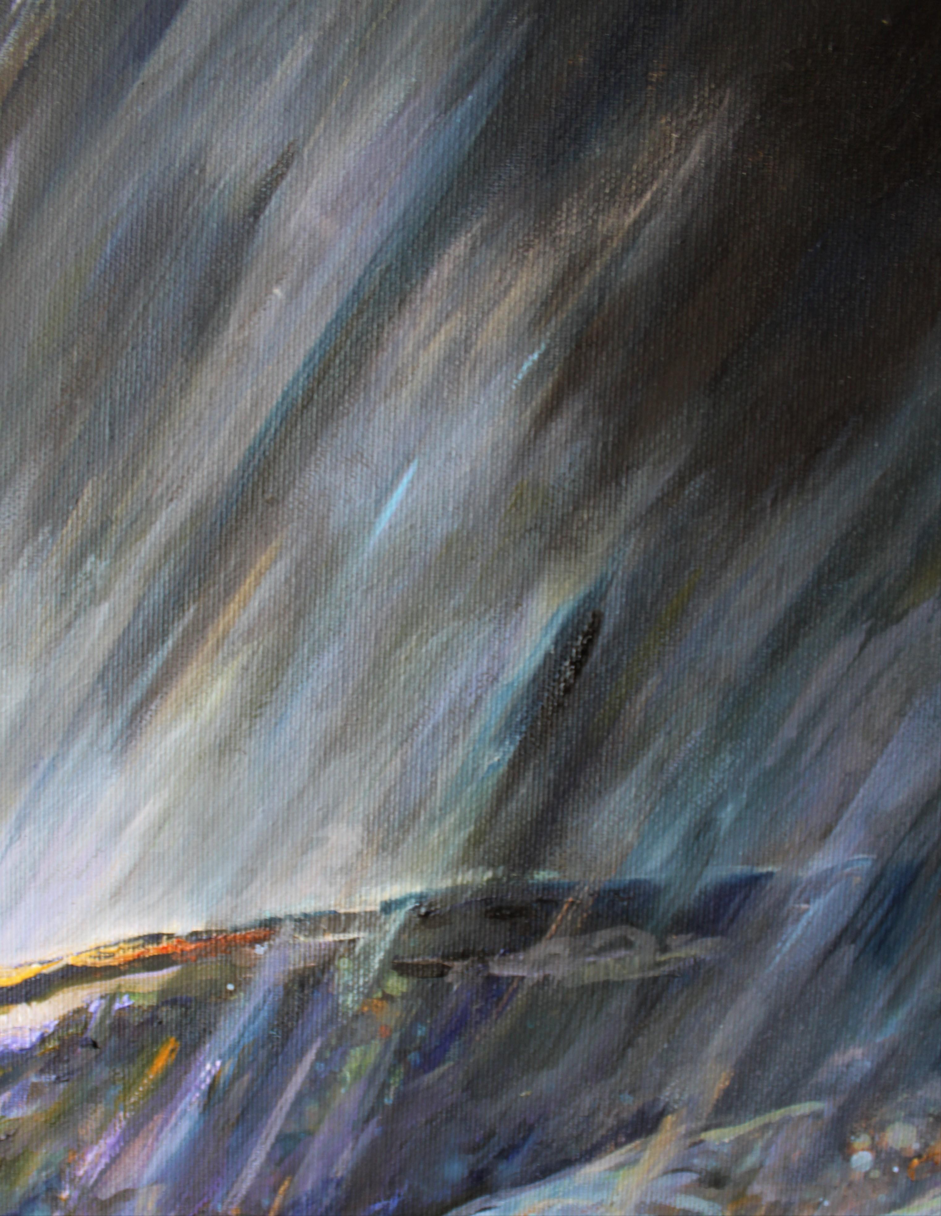 Peinture à l'huile sur toile Paysage Rain II, vert, bleu, jaune, brun, jaune et violet - Impressionnisme Painting par Elena Georgieva