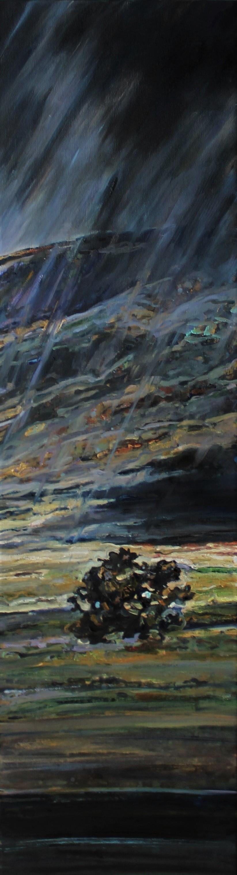 Landscape Painting Elena Georgieva - Peinture à l'huile sur toile Paysage Rain II, vert, bleu, jaune, brun, jaune et violet