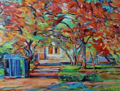 Red Garden with Golden Domes - Landscape Painting Red Blue Yellow White Green
