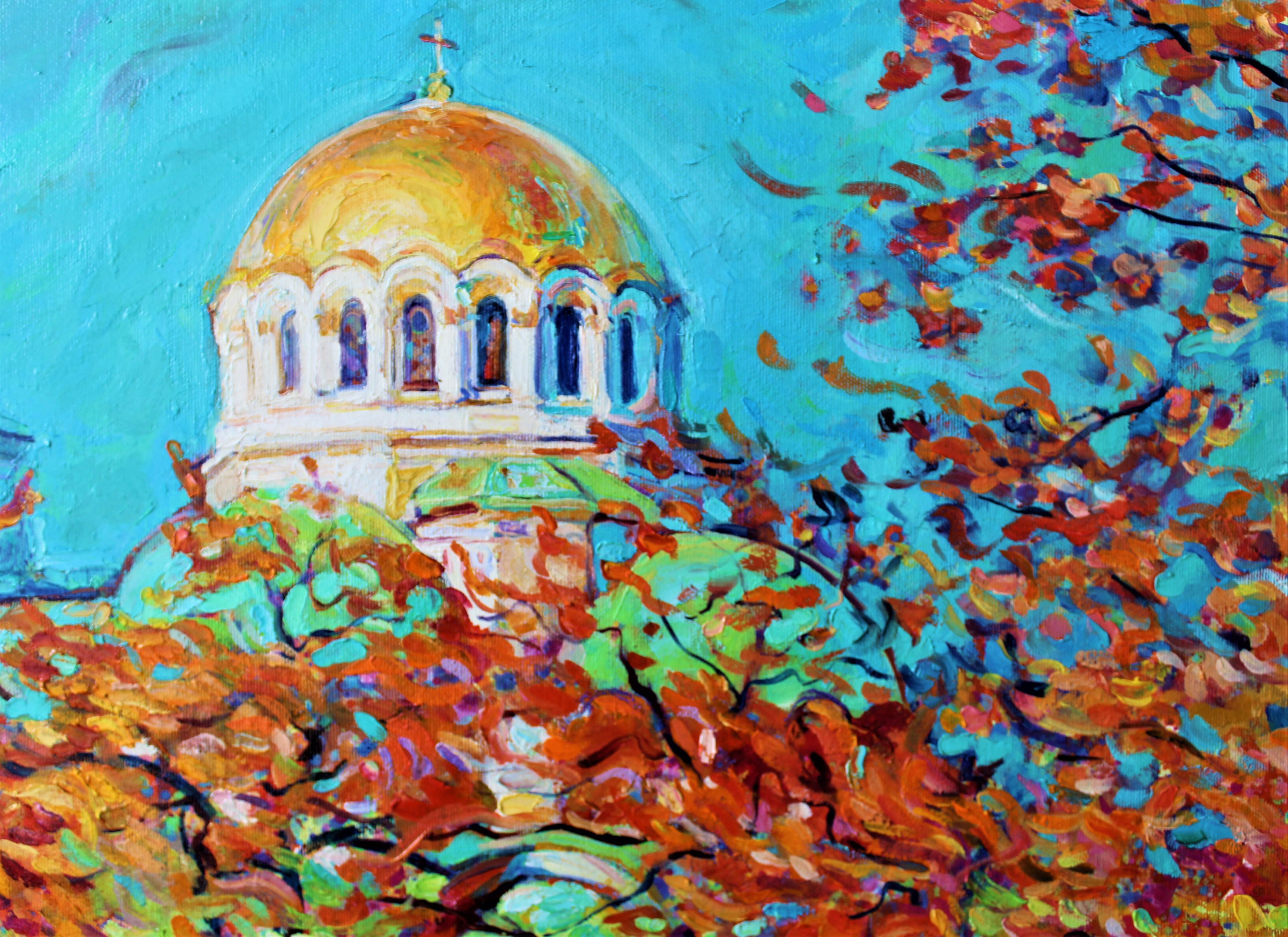 Red Garden with Golden Domes - Landscape Painting Red Blue Yellow White Green  1