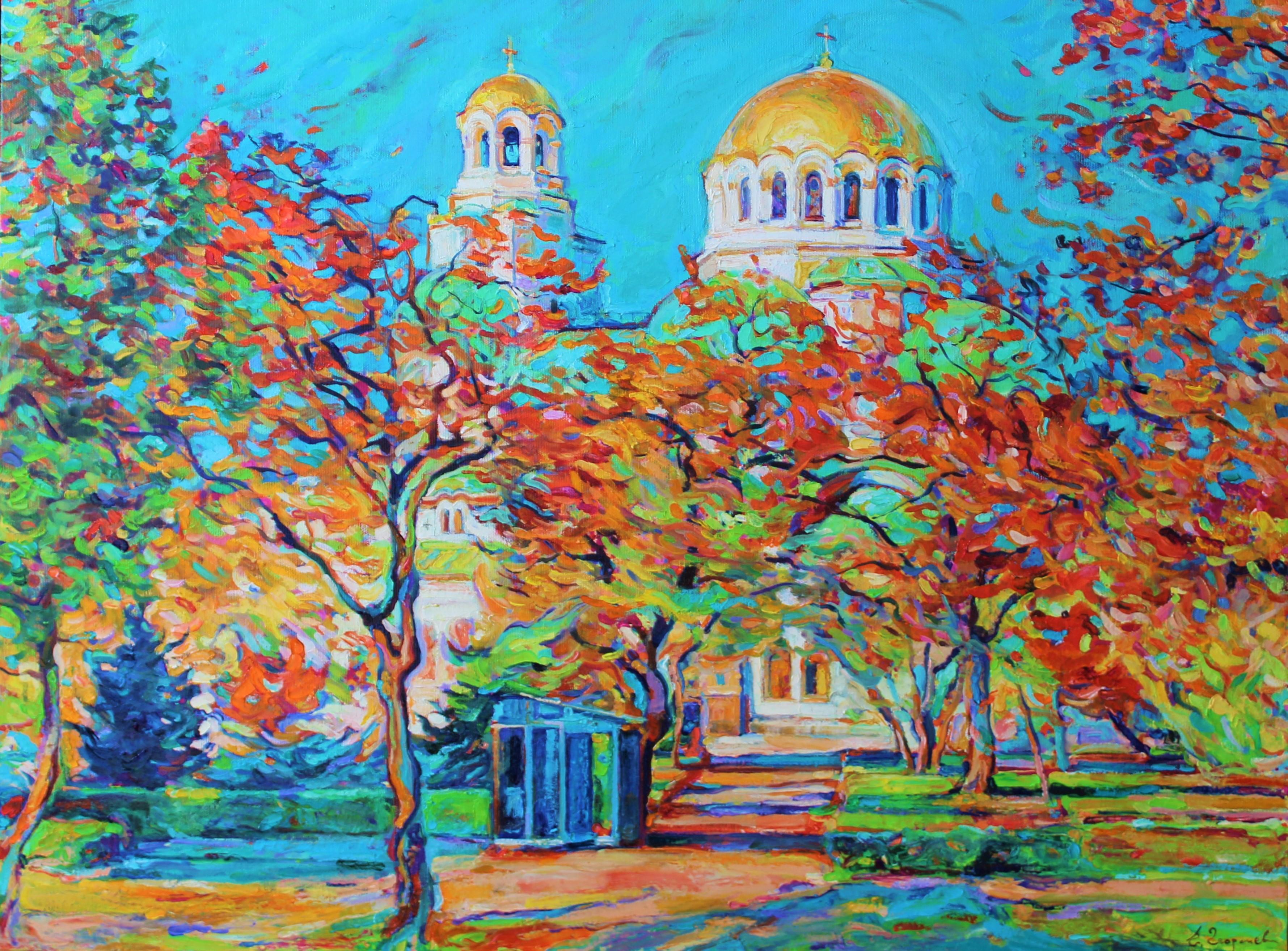 Red Garden with Golden Domes - Landscape Painting Red Blue Yellow White Green 