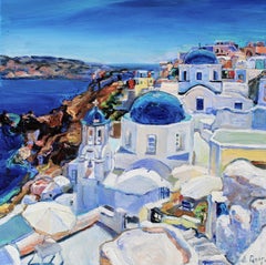 Santorini Blue Church - Painting Yellow Blue White Purple Green Brown Grey