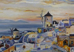 Santorini Evening - Landscape Oil Painting Yellow Orange Blue White Green Brown