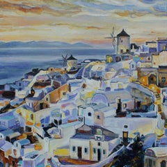 Santorini Sera - Paesaggio dipinto ad olio Giallo Arancione Blu Bianco Verde Marrone