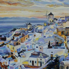 Santorini Evening - Landscape Oil Painting Yellow Orange Blue White Green Brown