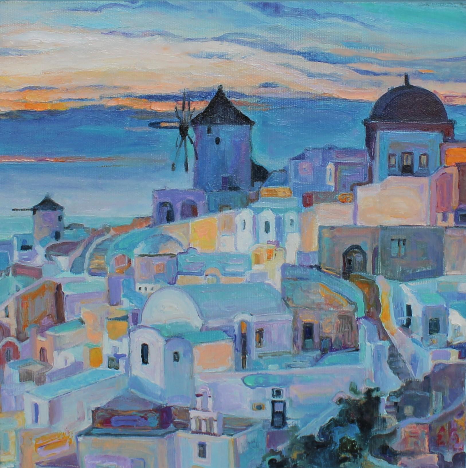 Elena Georgieva Landscape Painting - Santorini - Landscape Oil Painting Yellow Orange Blue White Green Brown