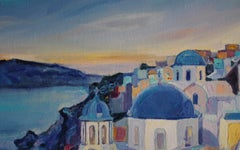 Santorini  - Landscape Painting Oil Yellow Blue White Purple Green Brown