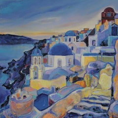 Santorini  - Landscape Painting Oil Yellow Blue White Purple Green Brown