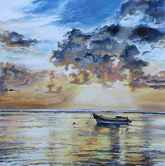 Sunset Boat - Landscape Painting Yellow Blue White Green Brown Grey