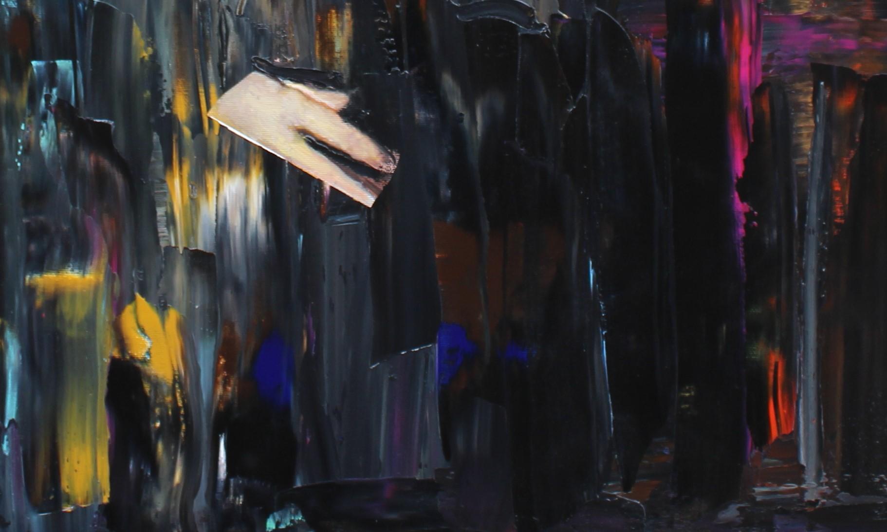 Ta Ta - Oil Painting Yellow Blue White Green Brown Grey - Black Figurative Painting by Elena Georgieva